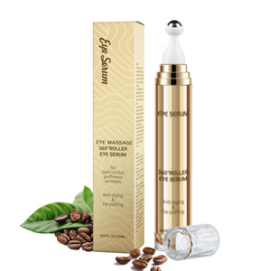 Caffeine Eye Serum with 360-degree roller ball for cooling massage and dark circle reduction.