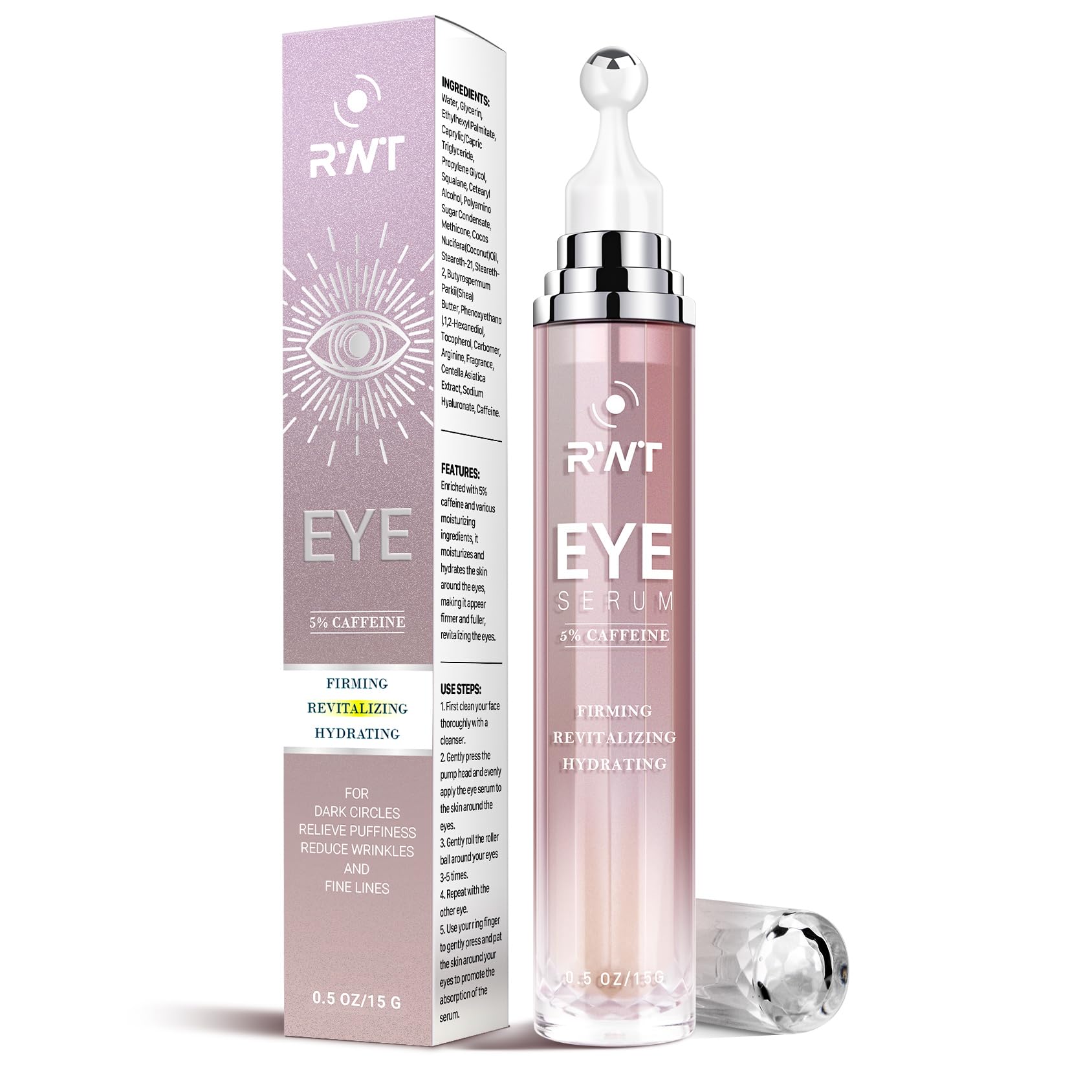 Sleek eye serum tube with a 360-degree triple-roller ball applicator for caffeine-infused under-eye treatment.