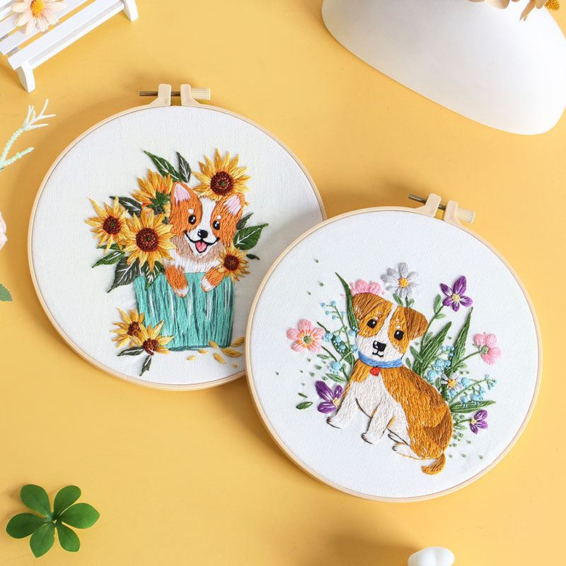 Dog Floral Embroidery Kit DIY Cotton Fabric Needlework Beginner Craft Set