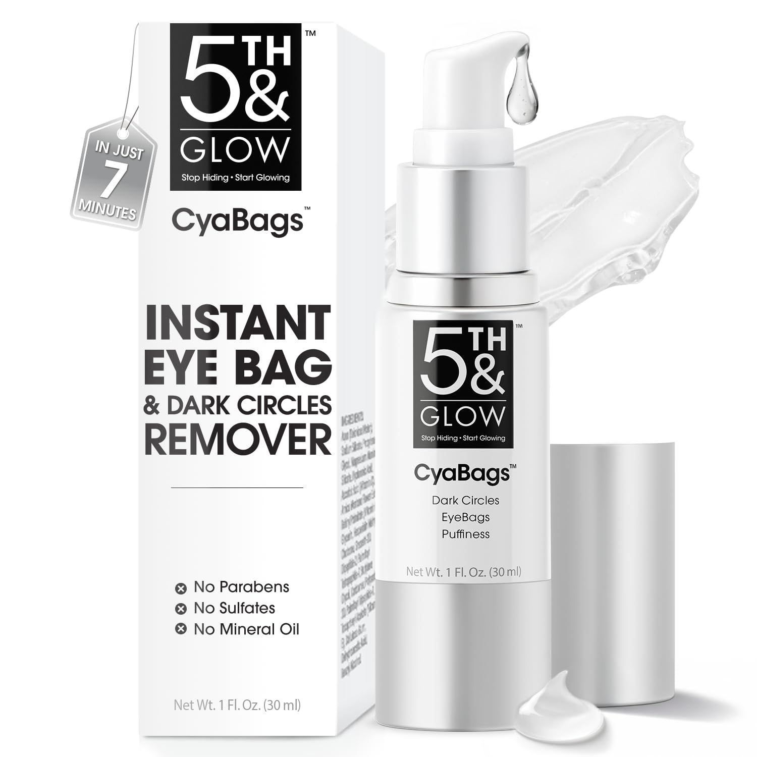 5th & Glow Cyabags serum bottle, showing the instant eye bag removal and skin-tightening effect for a youthful look.