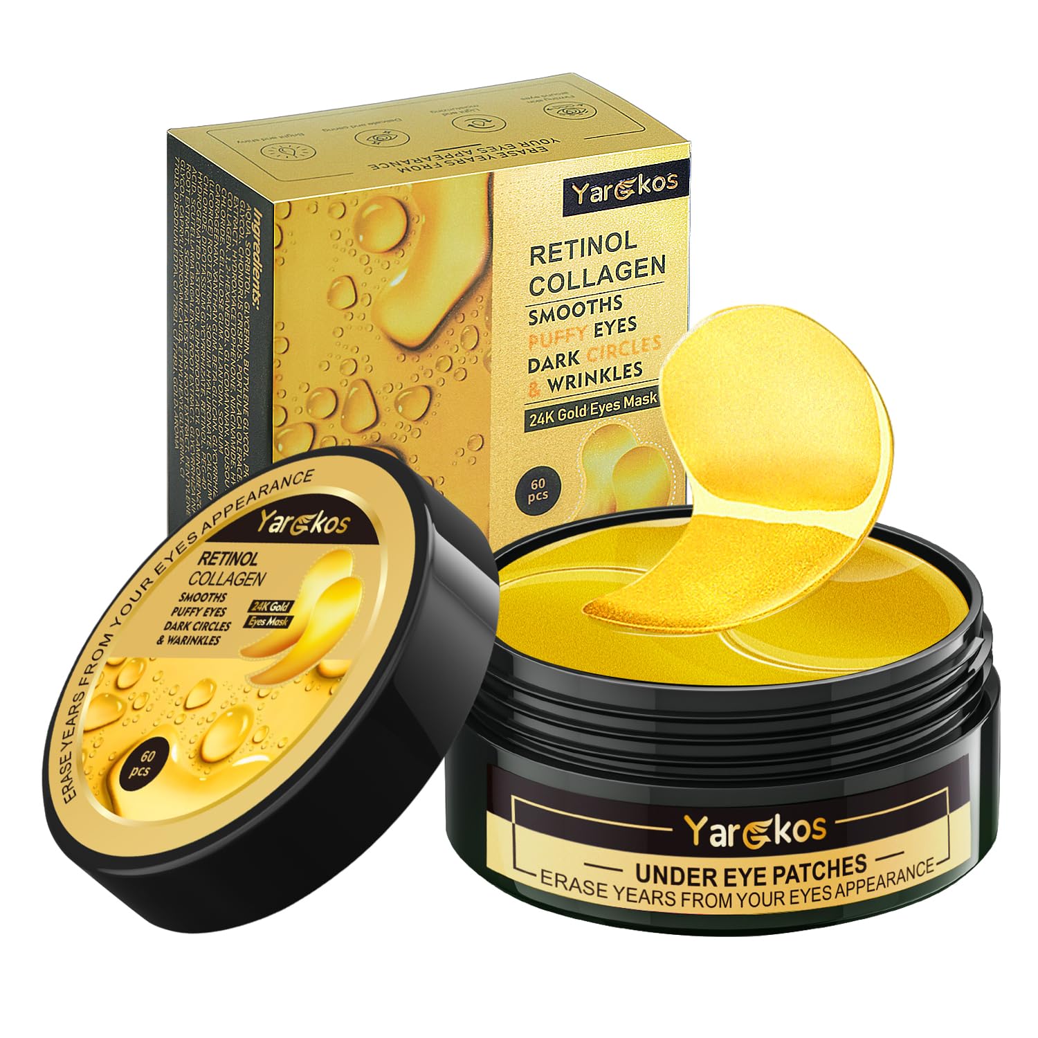 Premium 24K Gold under-eye patches in a jar, designed to lift, firm, and brighten the delicate eye area with collagen and gold essence.