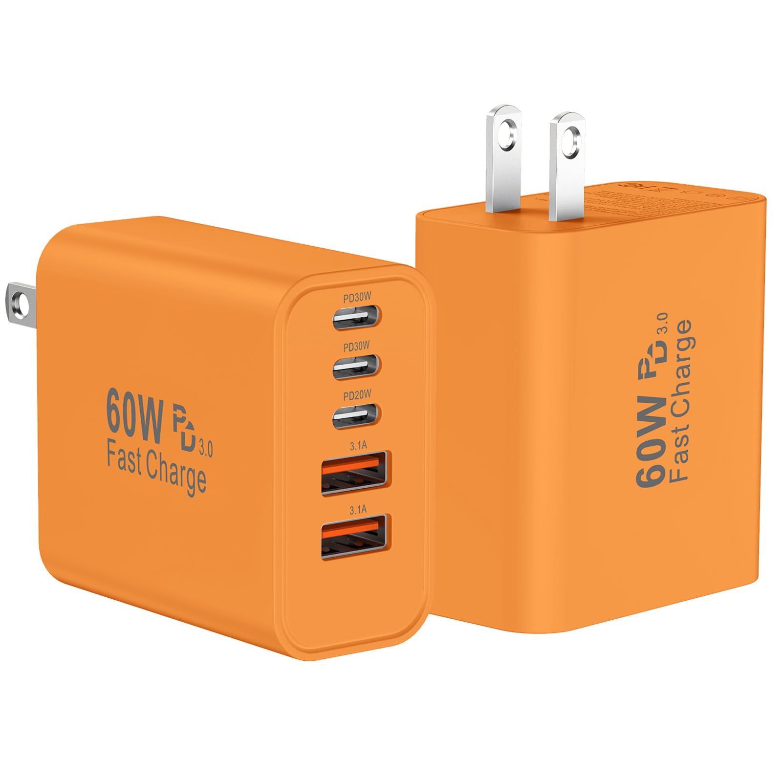 USB C Fast Wall Charger Block, 2Pack 60W USBC Charging Cubes, 5-Port PD+QC Power Adapter Multiport Brick Type C Box Plug for Phone 17/16/15/14/13/12/11/Pro Max/Plus, Pad Mini/Pro/S25/S24-Orange