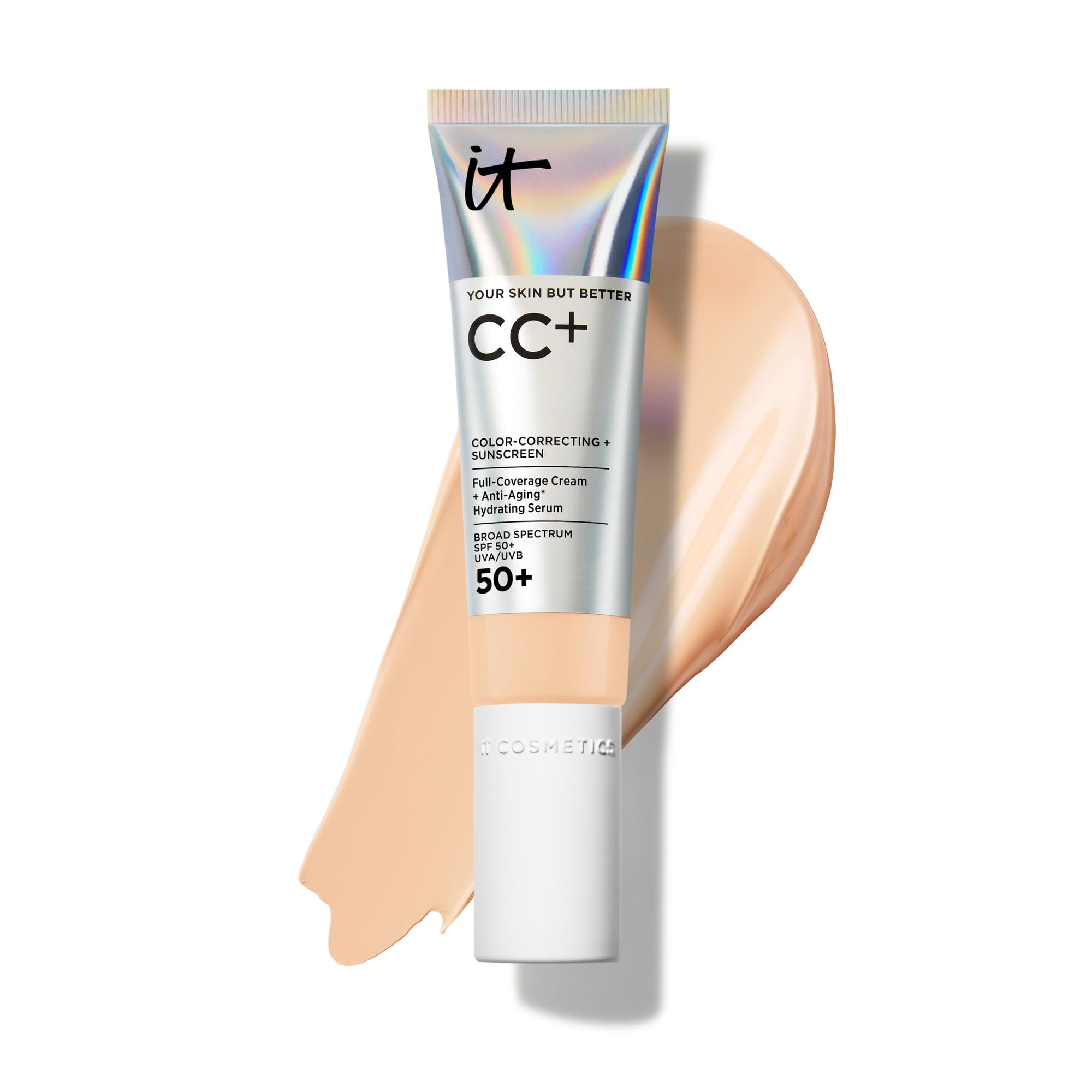 IT Cosmetics CC+ Cream (Light) - Natural Full Coverage Foundation With SPF 50+, Color Corrector & Anti-Aging Hydrating Serum, Hyaluronic Acid + Peptides, Lightweight - 1.08 fl oz