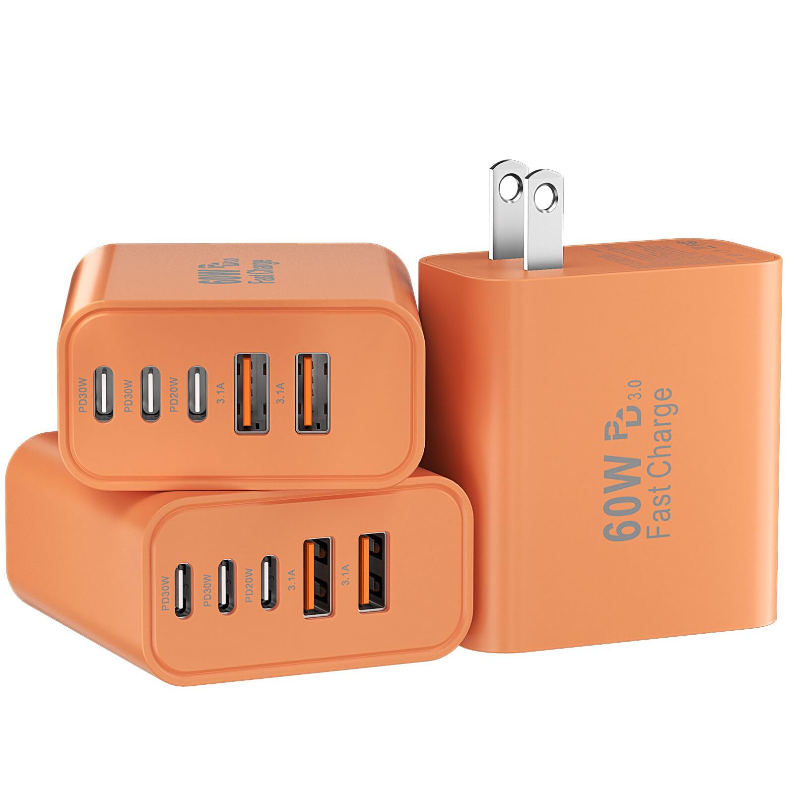 USB C Fast Wall Charger Block, 3Pack 60W USBC Charging Cubes, 5-Port PD+QC Power Adapter Multiport Brick Type C Box Plug for Phone 17/16/15/14/13/12/11/Pro Max/Plus, Pad Mini/Pro/S25/S24-Orange