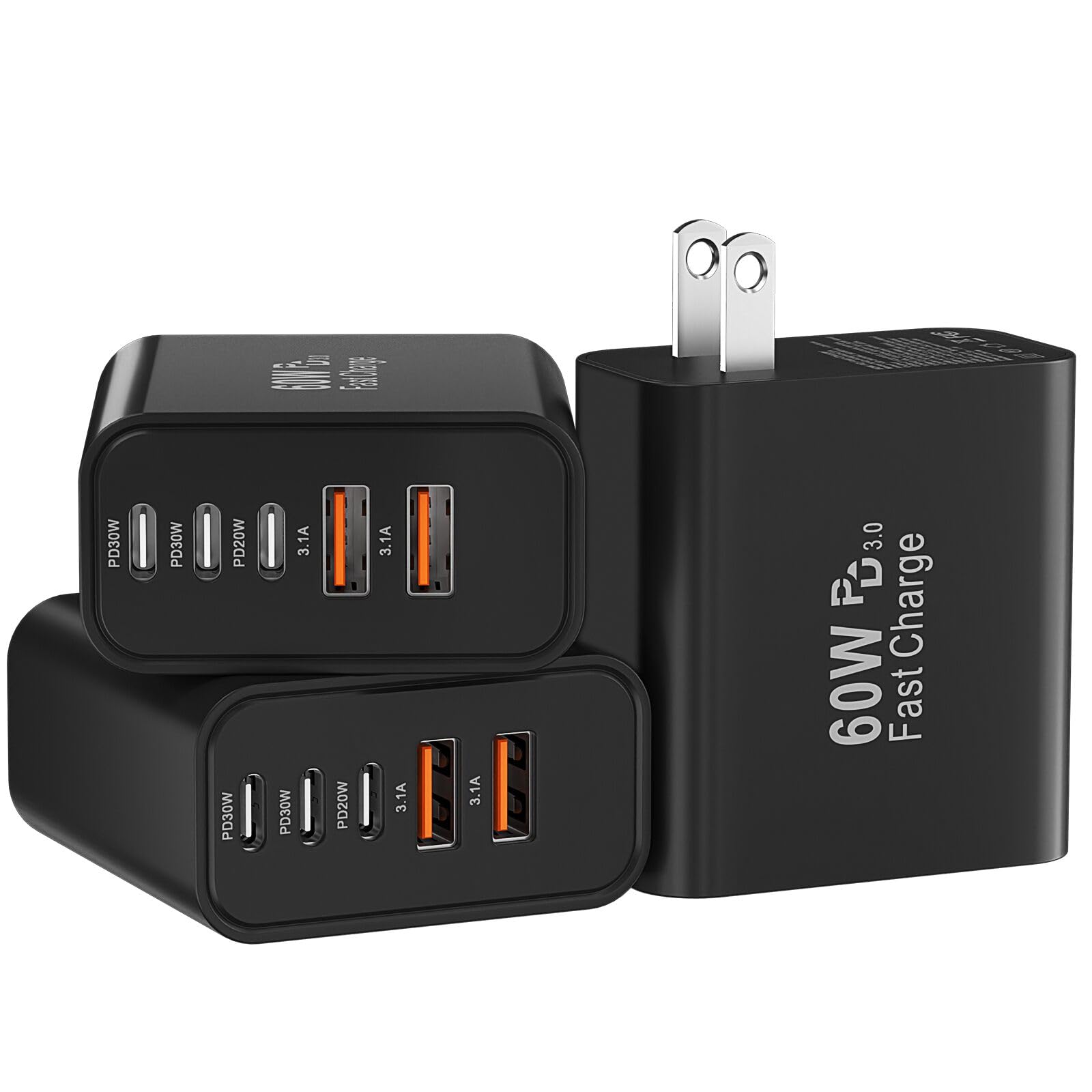 USB C Fast Wall Charger Block, 3Pack 60W USBC Charging Cubes, 5-Port PD+QC Power Adapter Multiport Brick Type C Box Plug for Phone 17/16/15/14/13/12/11/Pro Max/Plus, Pad Mini/Pro/S25/S24-Black