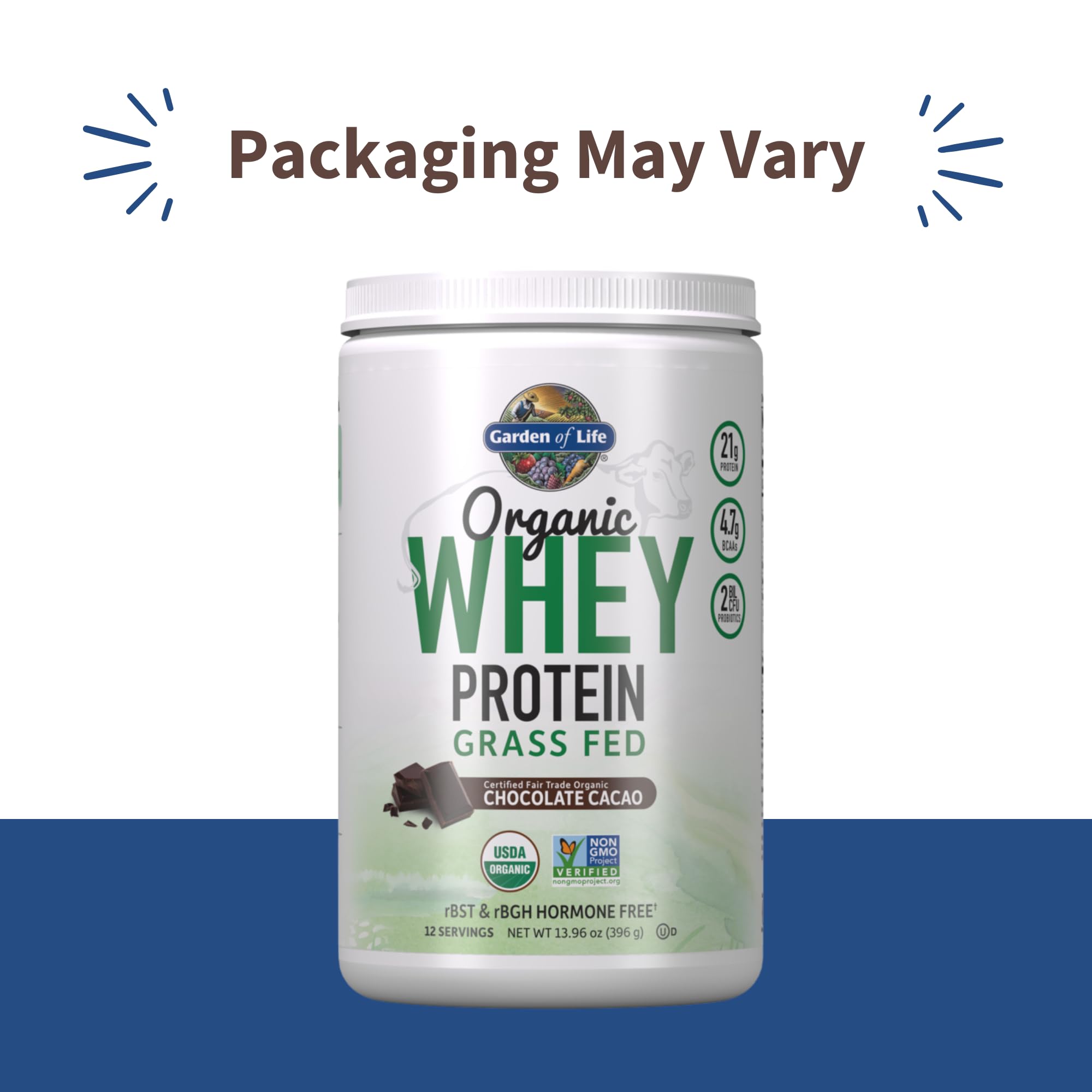 Garden of Life Organic Whey Protein Chocolate Grass Fed Protein Powder – 21g Muscle-Building Powder with Probiotics & BCAAs, Post-Workout Recovery, Hormone-Free, Non-GMO, Gluten-Free, 12 Servings