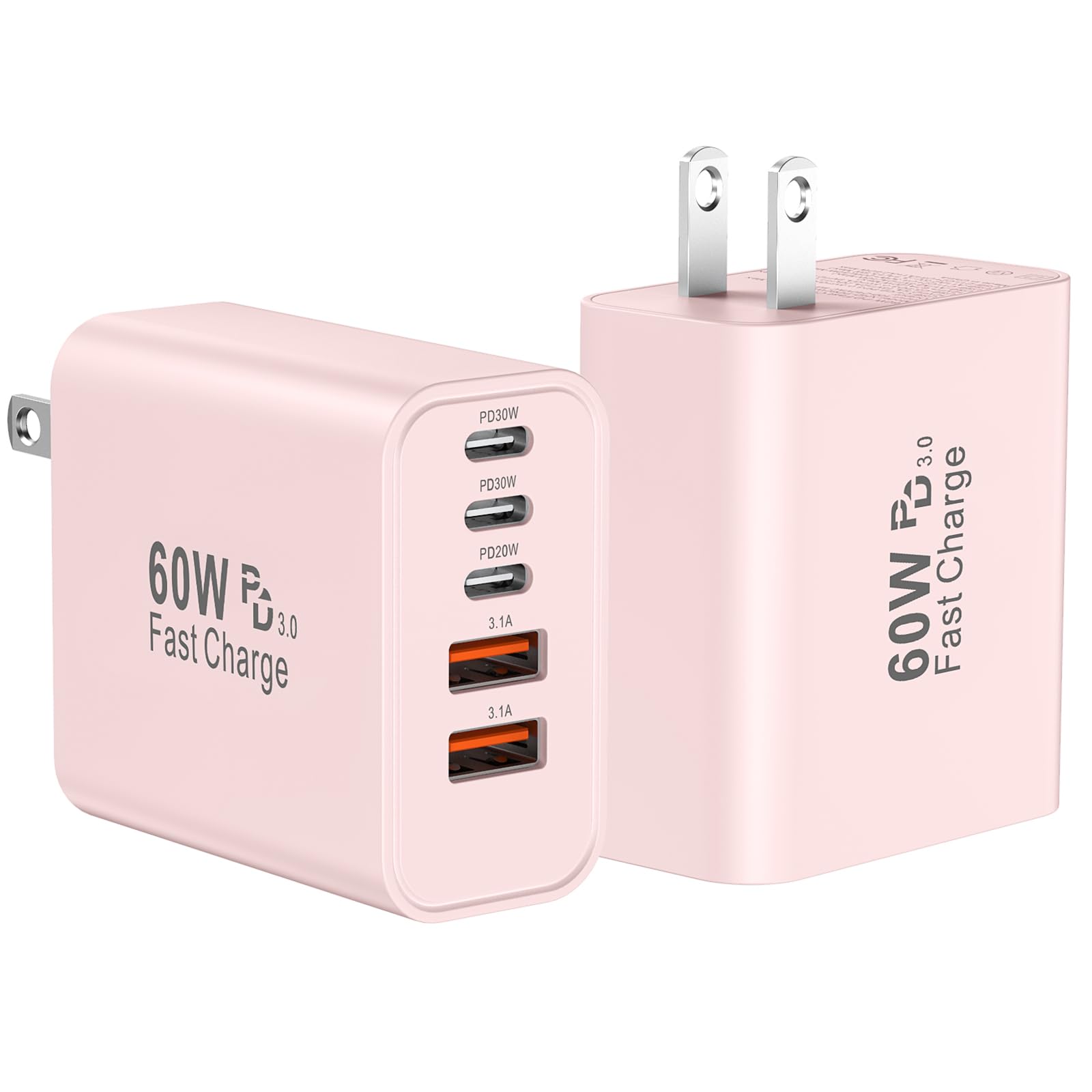 USB C Fast Wall Charger Block, 2Pack 60W USBC Charging Cubes, 5-Port PD+QC Power Adapter Multiport Brick Type C Box Plug for Phone 16/15/14/13/12/11/Pro Max/Plus, Pad Mini/Pro/S25/S24-Pink