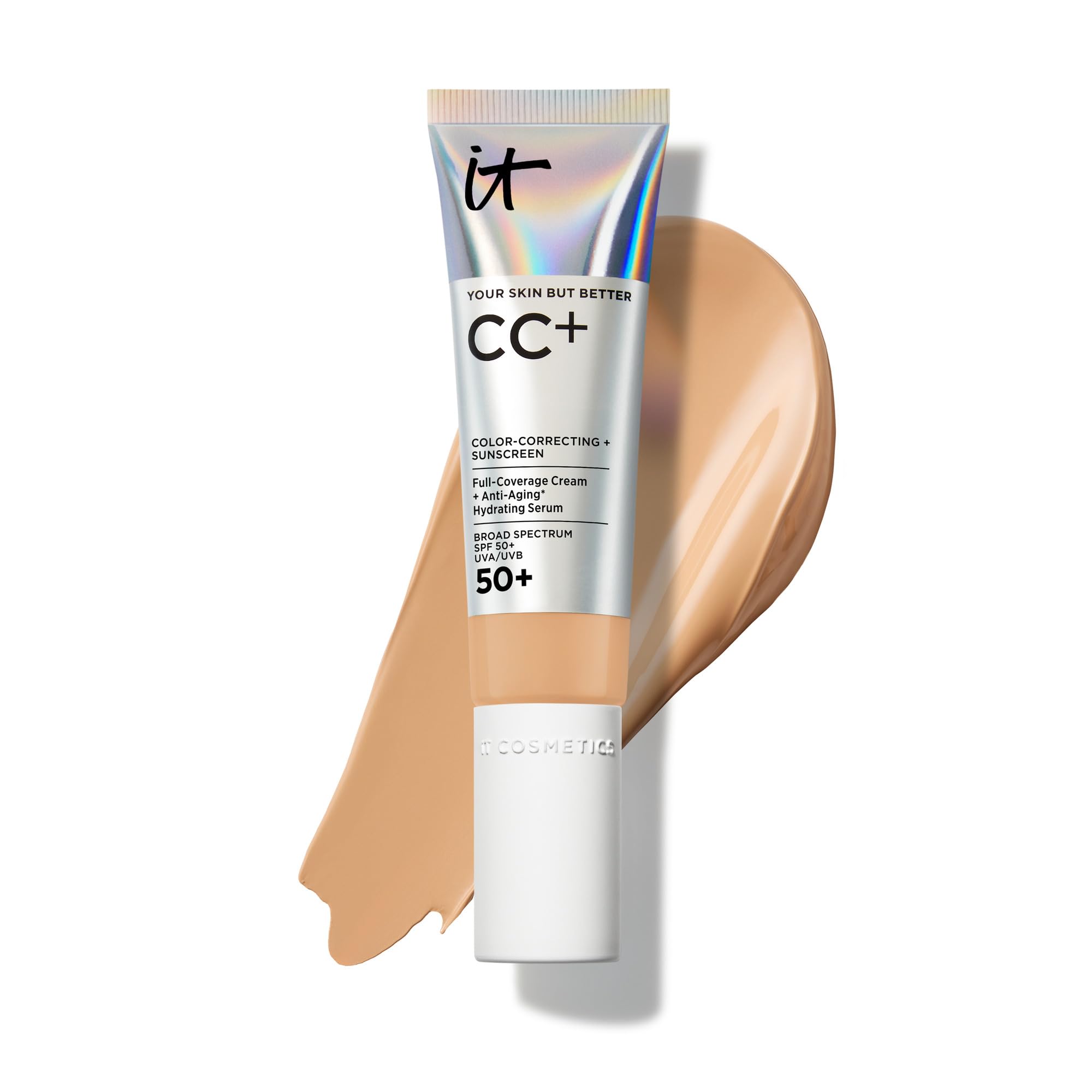 IT Cosmetics CC+ Cream (Medium Tan) - Natural Full Coverage Foundation With SPF 50+, Color Corrector & Anti-Aging Hydrating Serum, Hyaluronic Acid + Peptides, Lightweight - 1.08 fl oz