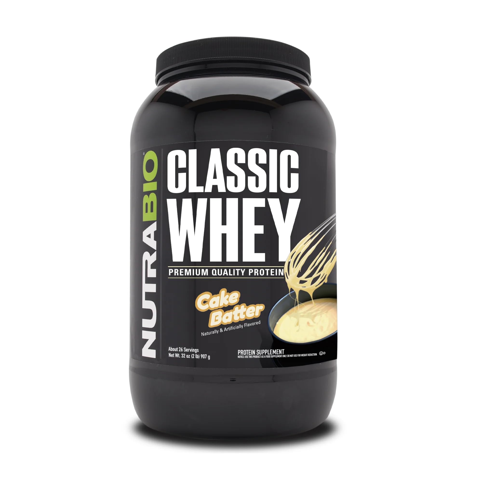 NutraBio Classic Whey Protein Powder- 25G Protein Per Scoop - Full-Spectrum Amino Acid Profile - No Fillers, Artificial Colors, Preservatives - Low Glycemic Index - (Cake Batter, 2 Pounds)