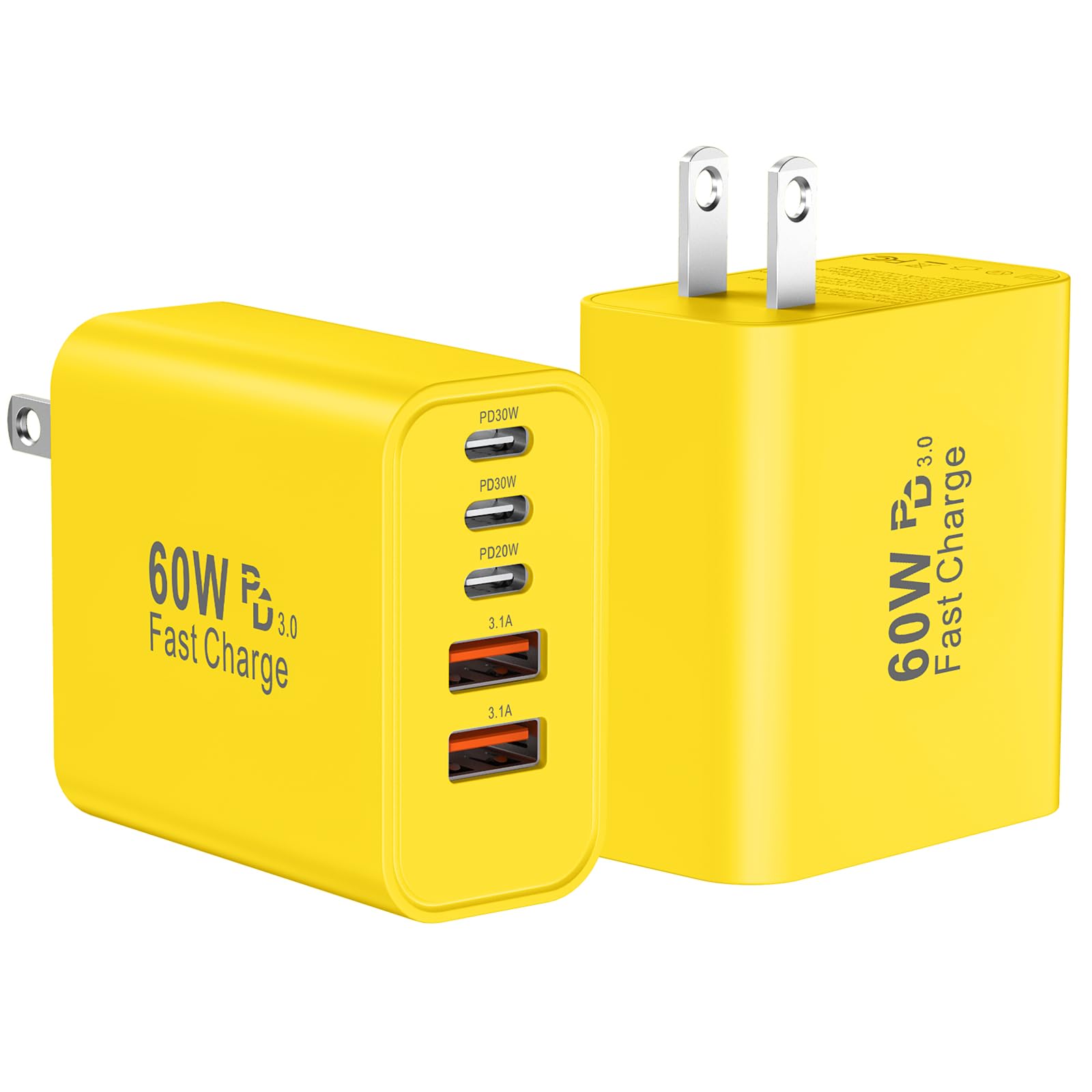 USB C Fast Wall Charger Block, 2Pack 60W USBC Charging Cubes, 5-Port PD+QC Power Adapter Multiport Brick Type C Box Plug for Phone 16/15/14/13/12/11/Pro Max/Plus, Pad Mini/Pro/S25/S24-Yellow