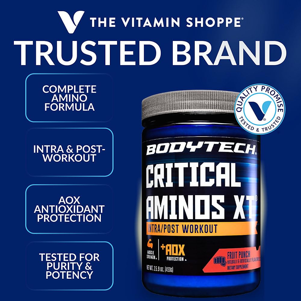 BodyTech Critical Aminos XT Powder – EAA, Glutamine & Citrulline Pre/Post Workout Amino Acids Fruit Punch 45 Servings