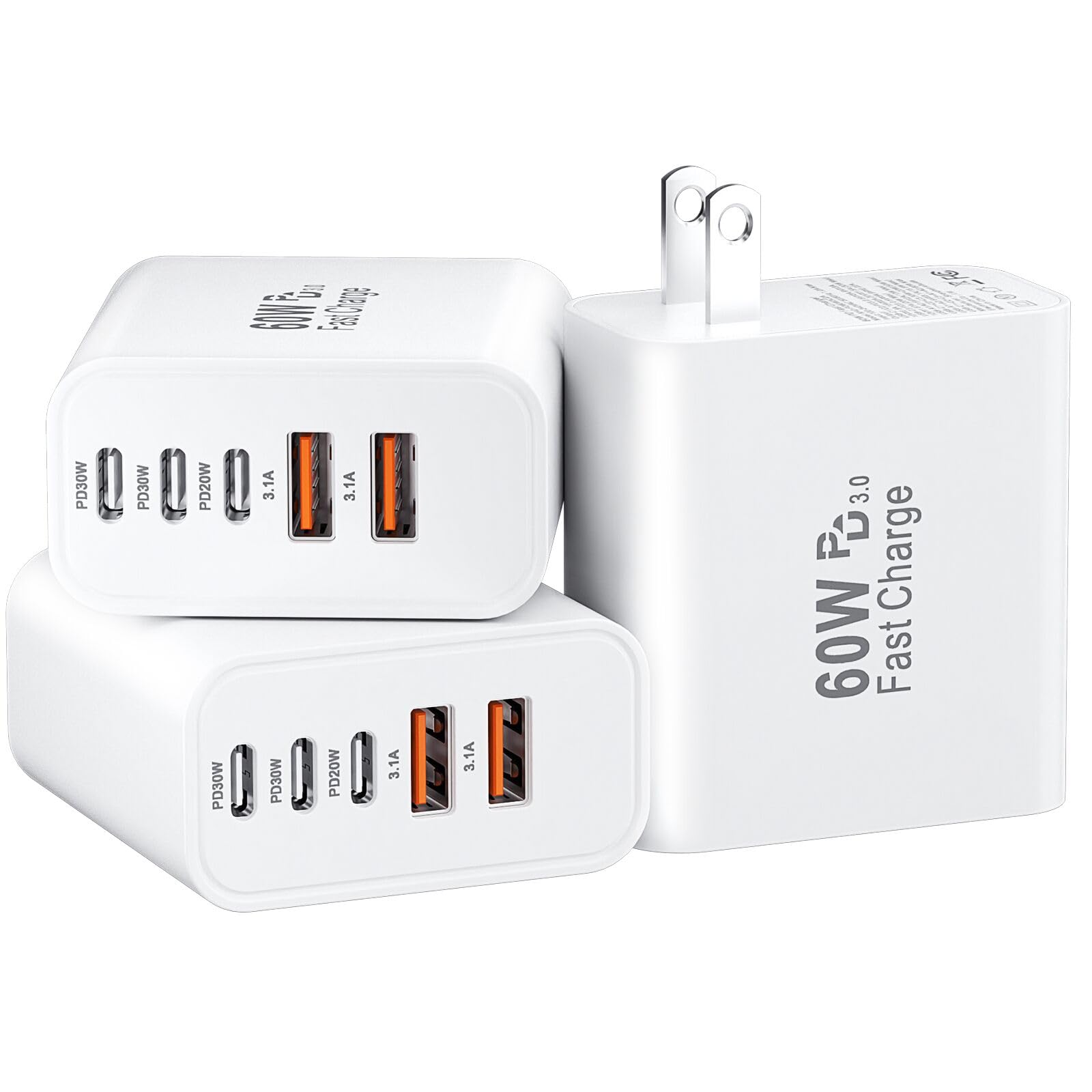 USB C Fast Wall Charger Block, 3Pack 60W USBC Charging Cubes, 5-Port PD+QC Power Adapter Multiport Brick Type C Box Plug for Phone 17/16/15/14/13/12/11/Pro Max/Plus, Pad Mini/Pro/S25/S24-White
