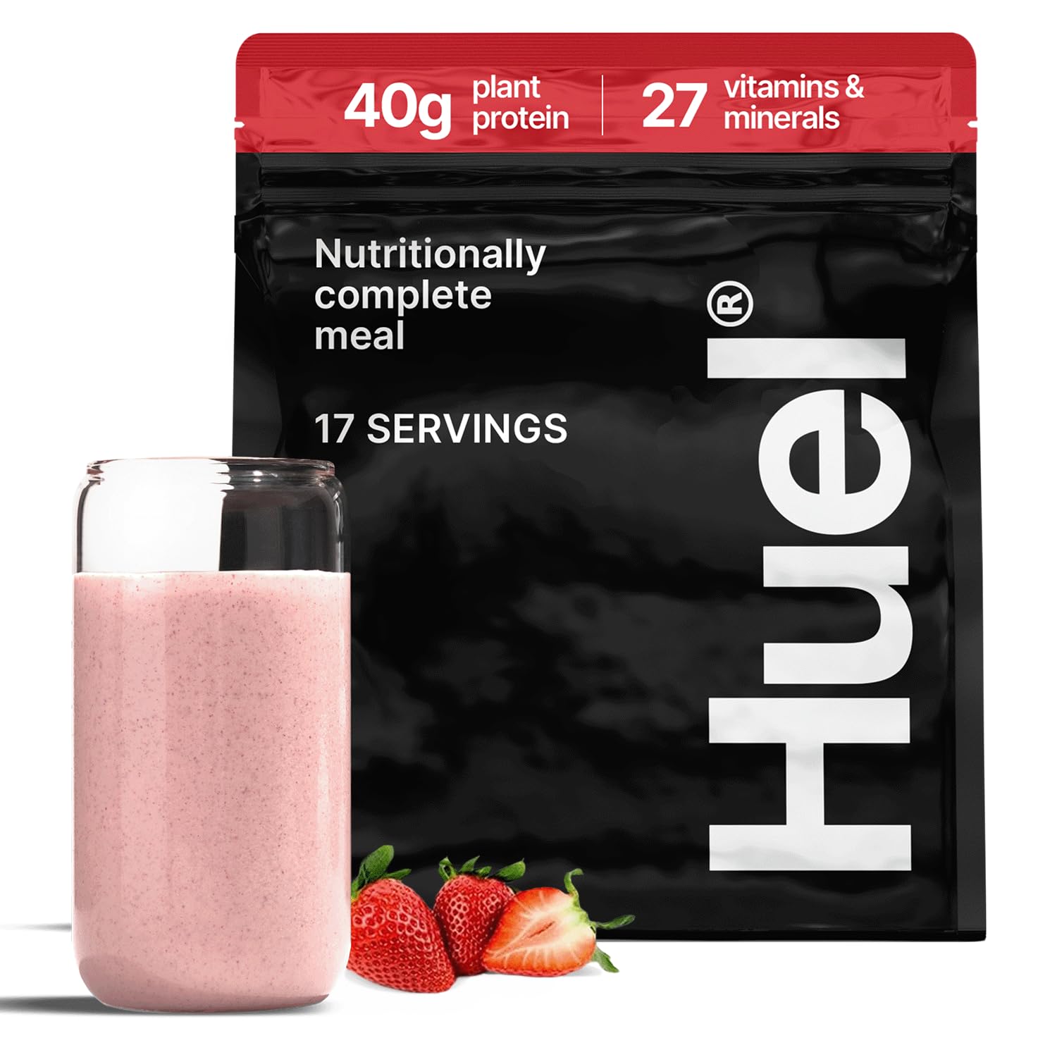 Pocelia Huel Black Edition | Strawberry 40g Vegan Protein Powder | Nutritionally Complete Meal | 27 Vitamins and Minerals, Gluten Free | 17 Servings