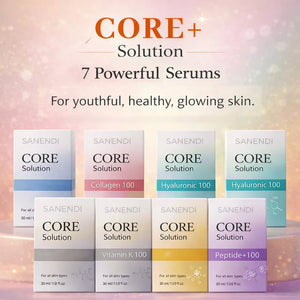 SANENDI CORE Solution skincare products with colorful boxes on a gradient background