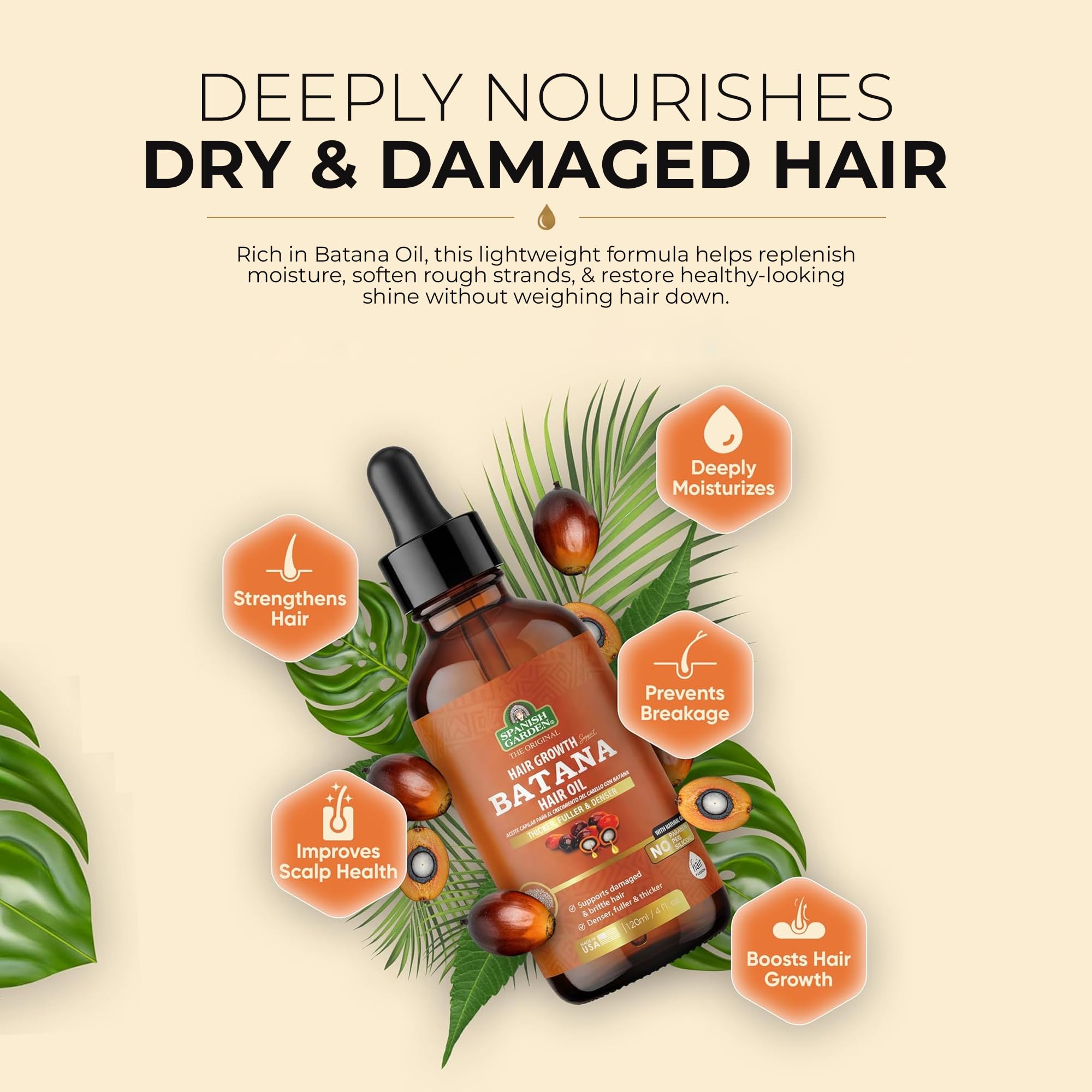 Spanish Garden Natural Batana Oil for Hair Growth & Repair Deep Moisturizing Scalp Treatment - Organic Hair Growth Oil Frizz Control & Shine Suitable for All Hair Types Men and Women 4 Fl oz