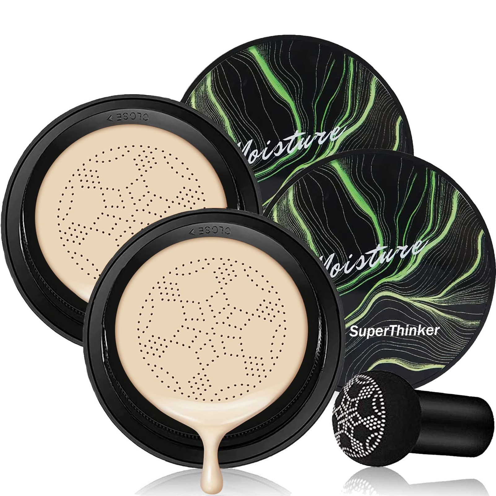 Air Cushion CC Cream Mushroom Head Foundation Makeup, BB Cream Face Makeup Foundation for Mature Skin, Moisturizing Natural Coverage, Tattoo cover up, Even Skin Tone for All Skin Types (2PCS Ivory)