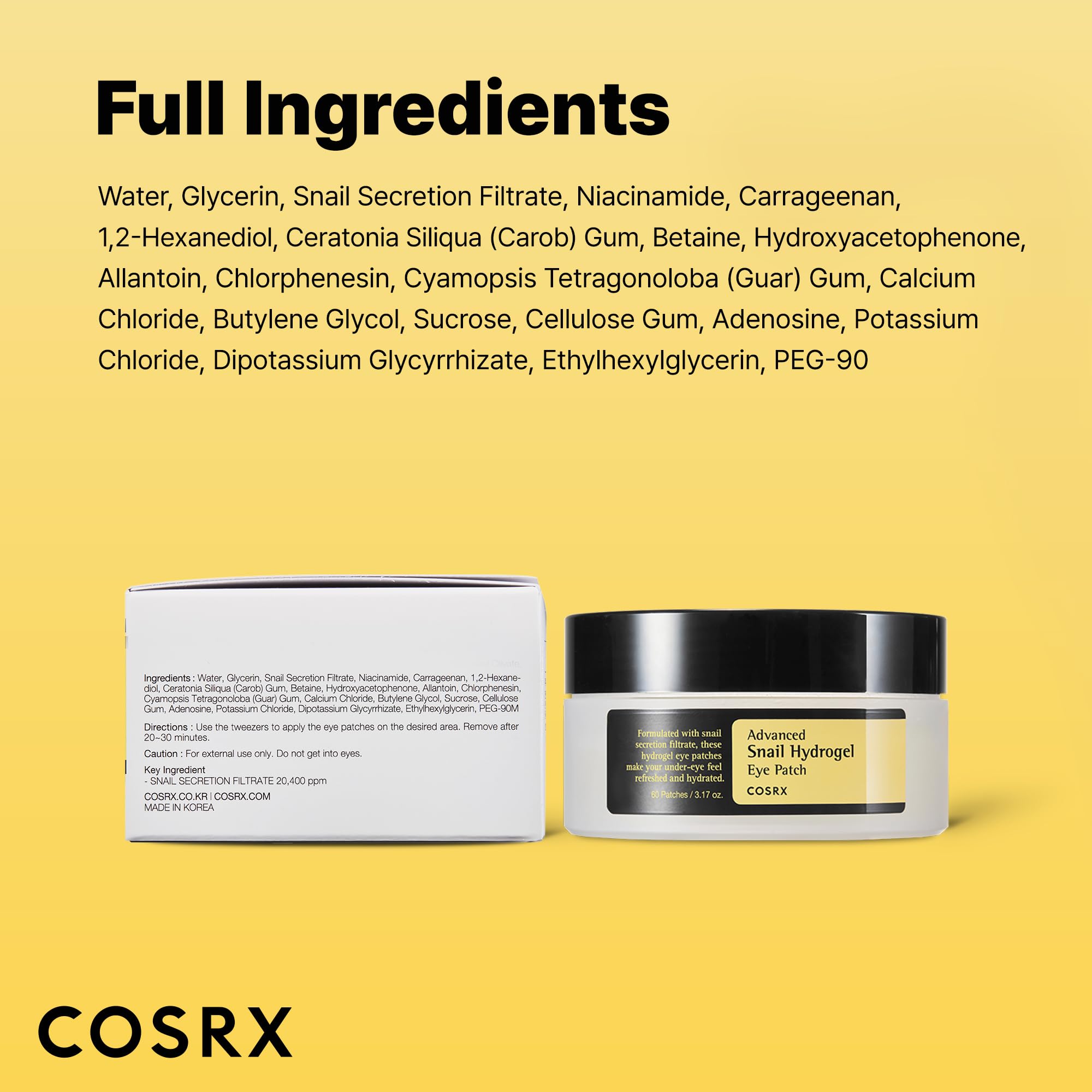 COSRX Advanced Snail Hydrogel Eye Patch - 60 Patches - Hydrating Snail Mucin Gel Serum Mask for Fine Lines & Puffiness