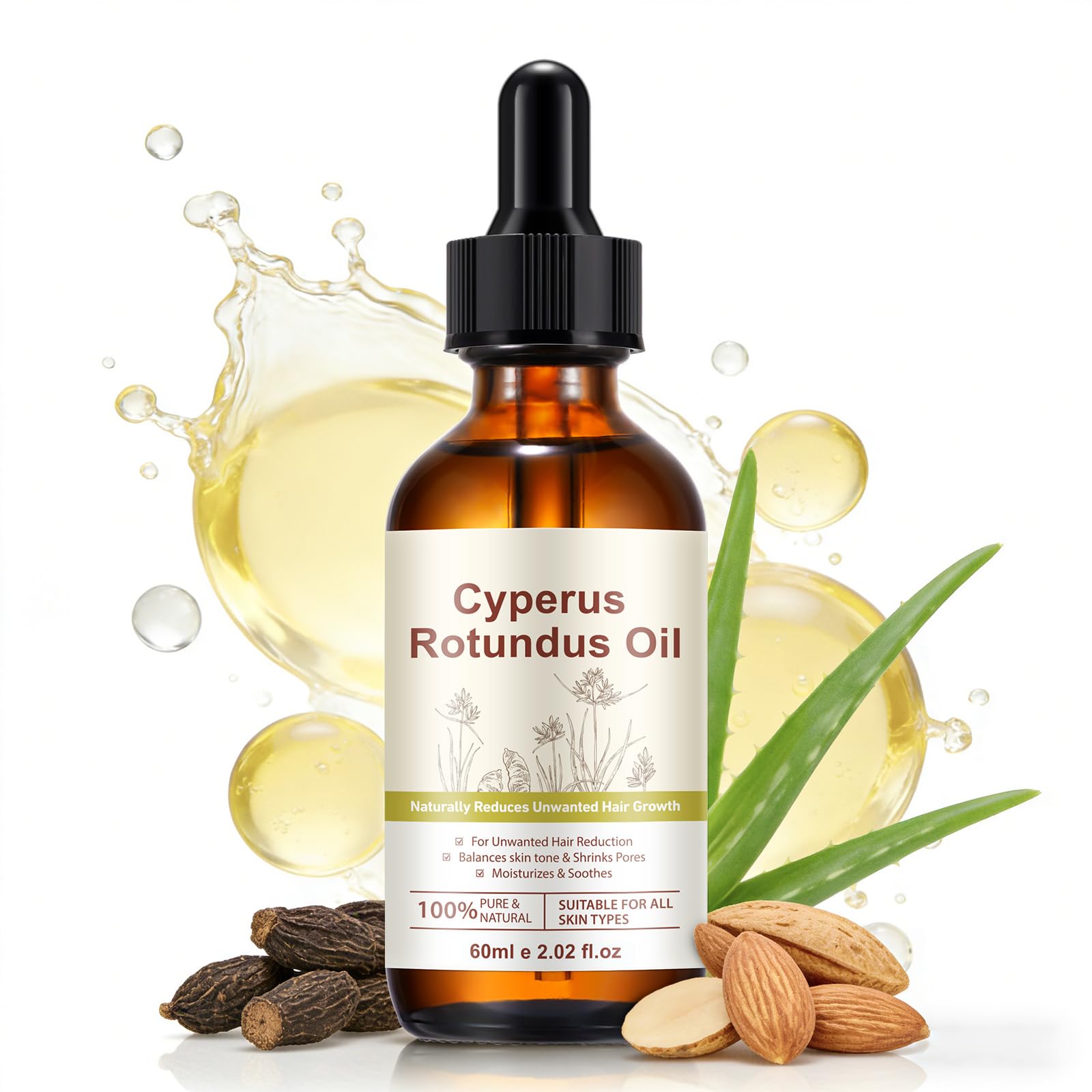 Cyperus Rotundus Oil, Cyperus Rotundus Oil for Hair Removal, Reduces Body Hair Growth, Soothes & Moisturizes Skin, Shrink Pores - Face, Bikini, Underarms, Hair Removal Oil for All Skin Types (1)