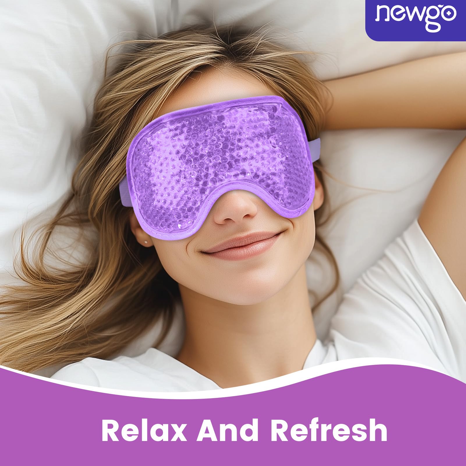 NEWGO Reusable Cooling Gel Eye Mask – Cold Pack for Puffy Eyes, Dark Circles, Migraine & Stress Relief with Soft Plush Backing (Purple)