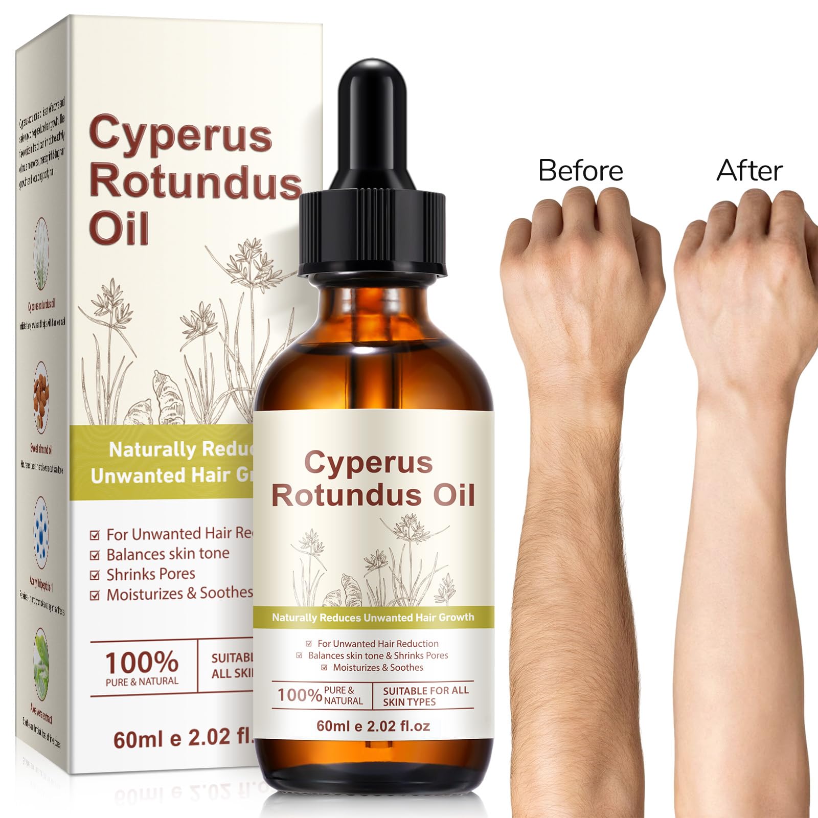 Cyperus Rotundus Oil, Cyperus Rotundus Oil for Hair Removal, Reduces Body Hair Growth, Soothes & Moisturizes Skin, Shrink Pores - Face, Bikini, Underarms, Hair Removal Oil for All Skin Types (1)
