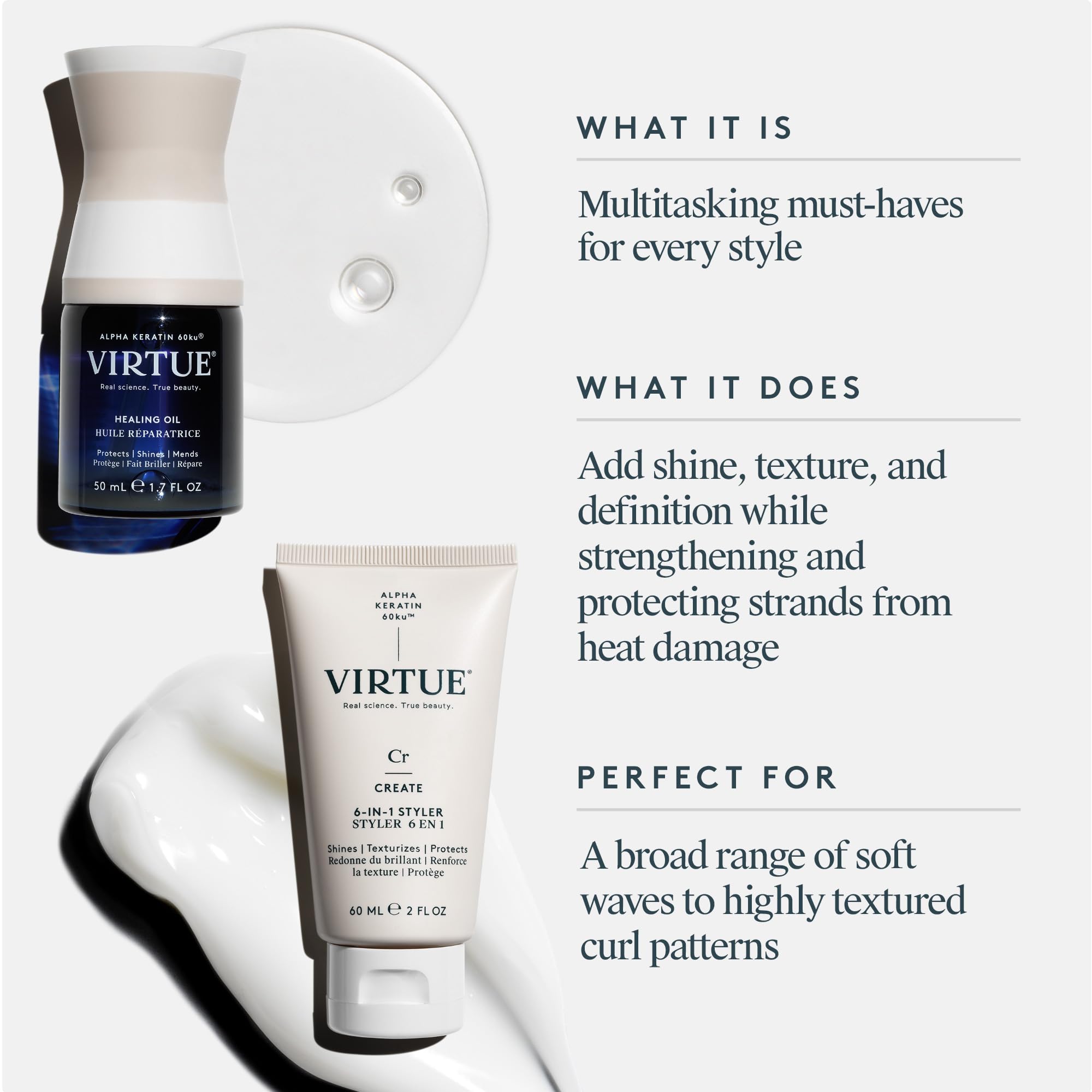 VIRTUE Healing Hair Oil & 6-in-1 Styling Cream Bundle, Repair, Protect, and Style for All Hair Types, Amazon Exclusive, Color Safe