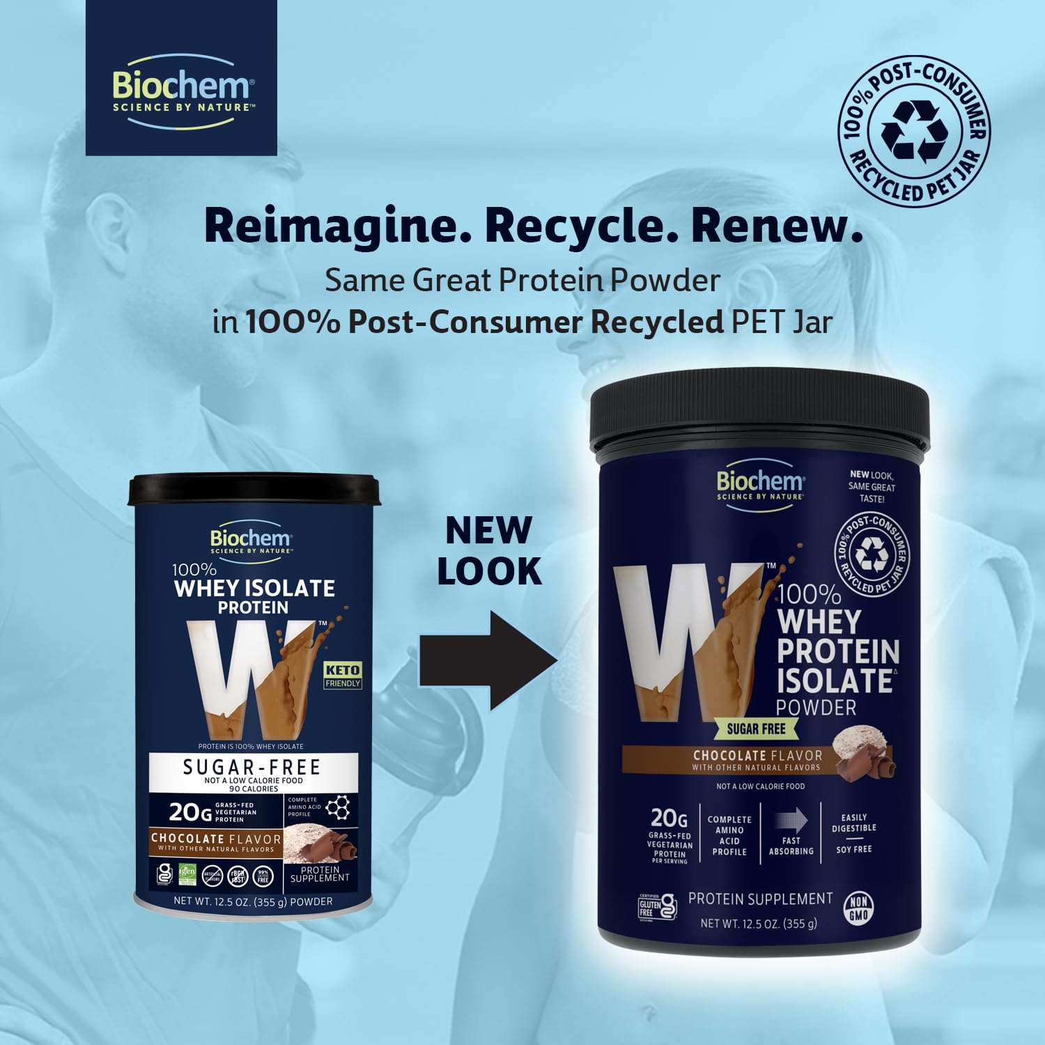 Biochem 100% Whey Sugar-Free Chocolate 20g, 12.5oz, Certified Vegetarian, Gluten Free, Non-GMO Tested, Keto Friendly, Grass-Fed