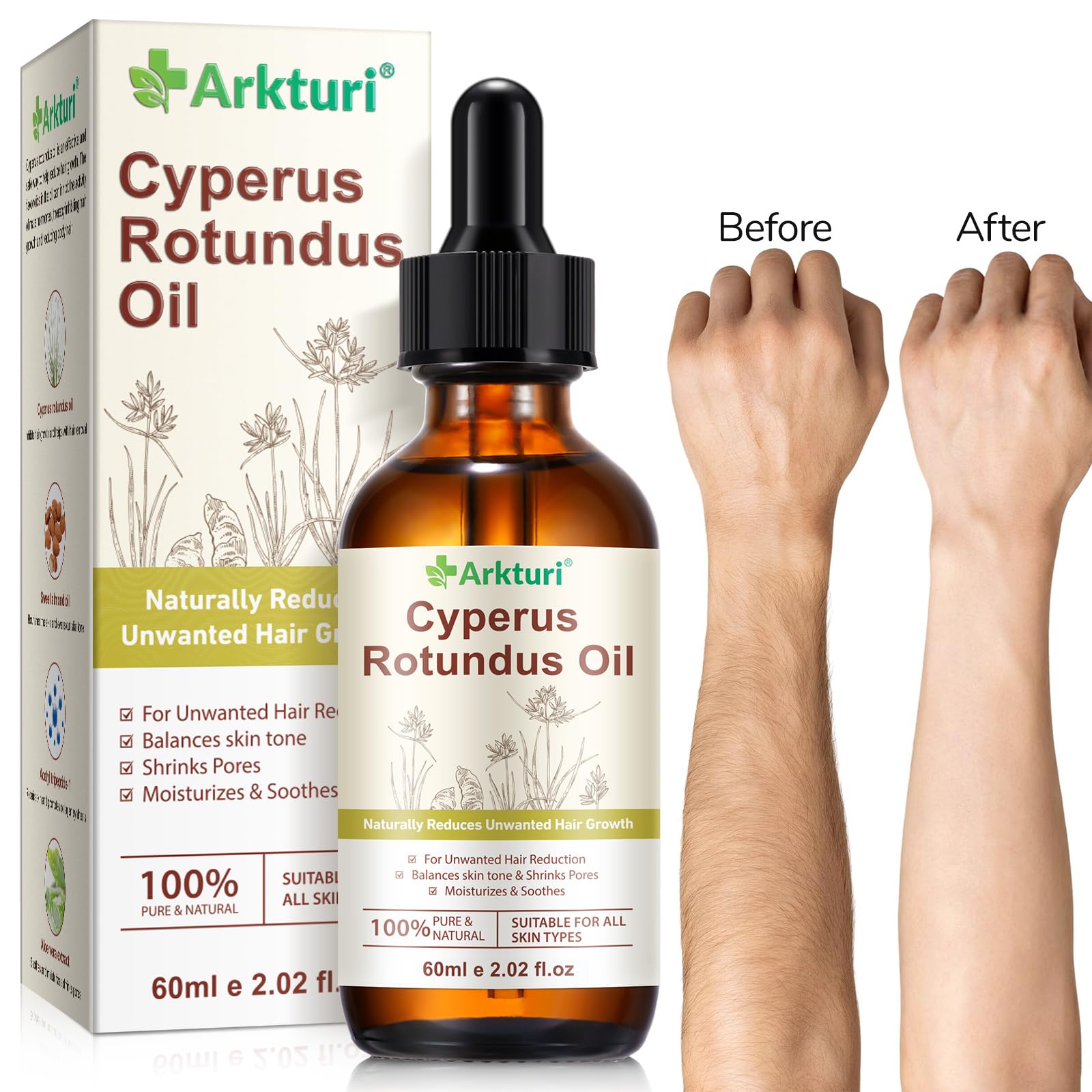 Cyperus Rotundus Oil, Cyperus Rotundus Oil for Hair Removal, Reduces Body Hair Growth, Soothes & Moisturizes Skin, Shrink Pores - Face, Bikini, Underarms, Hair Removal Oil for All Skin Types (2)