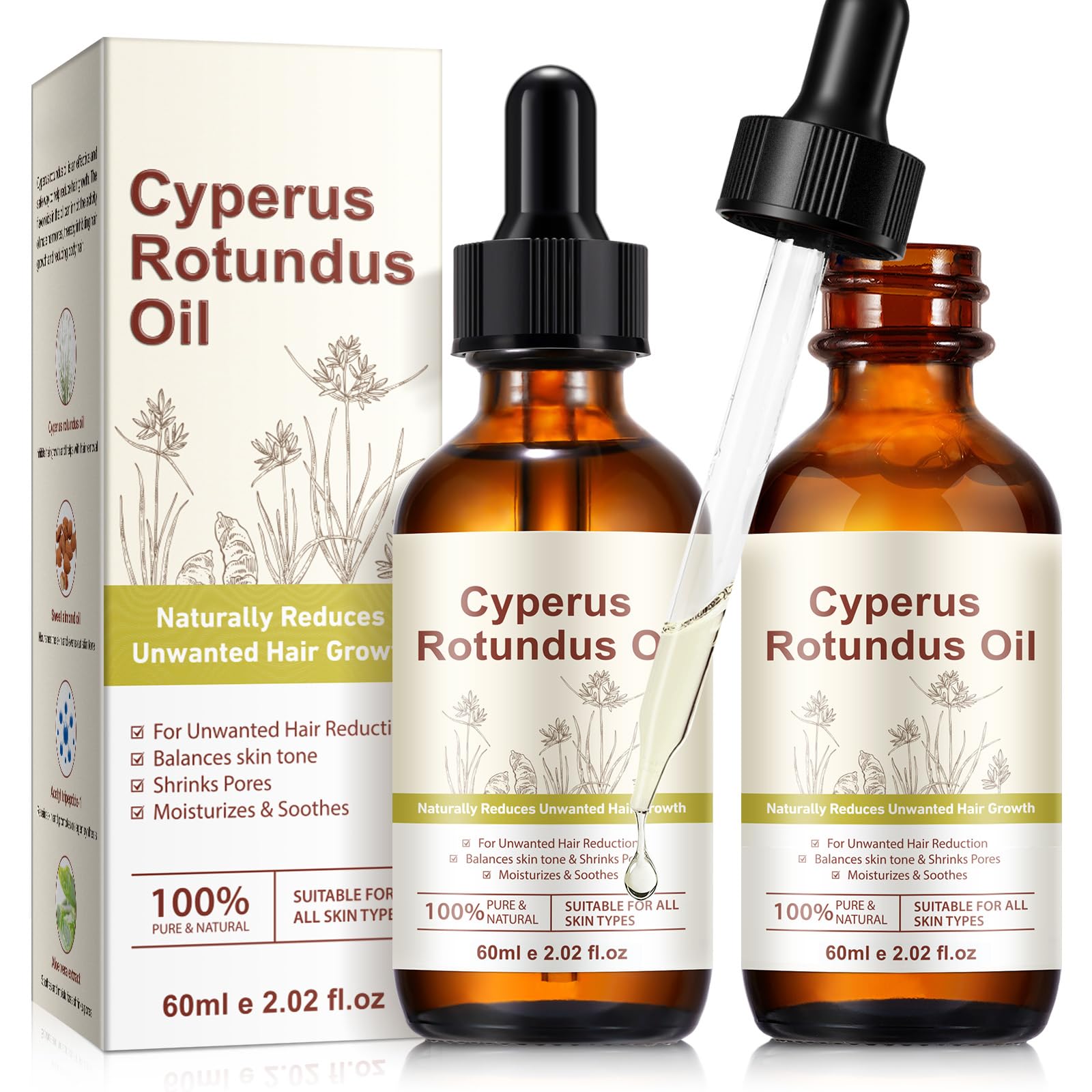 Cyperus Rotundus Oil Women & Men, Natural for Reducing Body Hair Growth, Painless Gentle With Sweet Almond Oil, Aloe, for face & body, Brightens + Minimizes Pores + Hydrates, All Skin Types 60ML x 2