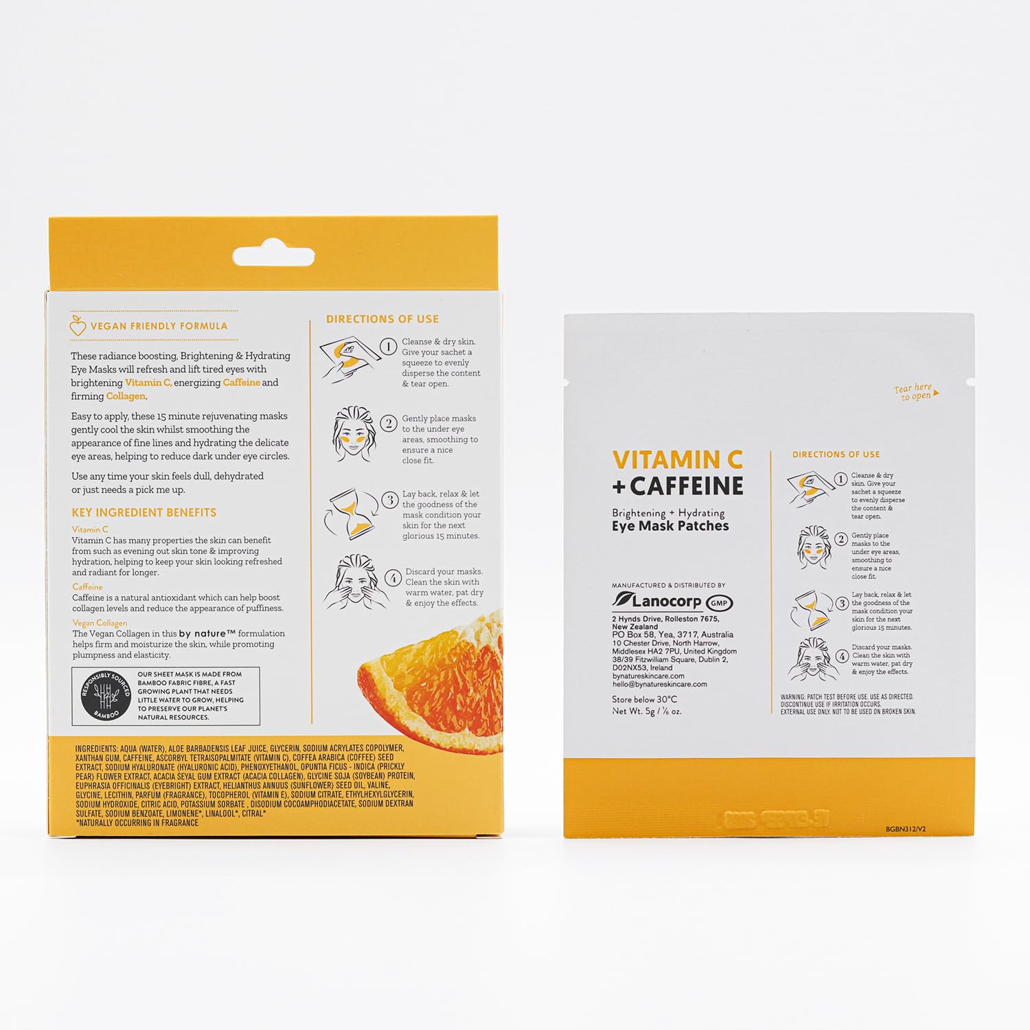 By Nature Vitamin C + Caffeine Hydrating Under Eye Mask Patches for Dark Circles & Puffiness – Energizing Brightening Eye Patches Skincare – 5 Pairs