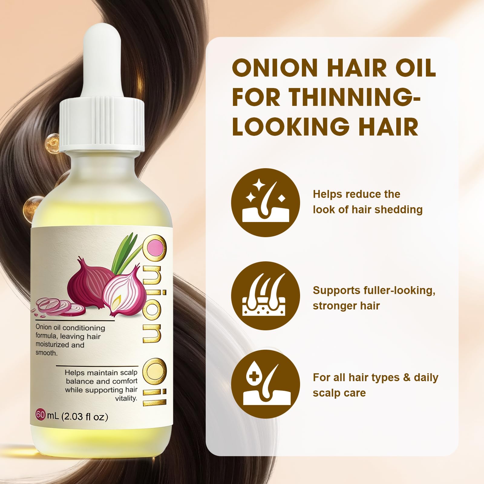 SKSOYT Onion Oil for Hair & Scalp, Natural Onion Oil Blend with Coconut, Almond, Jojoba & Rosemary Extract, Nourishing Scalp Oil for Thinning-Looking Hair, Daily Care for All Hair Types, 60 ml
