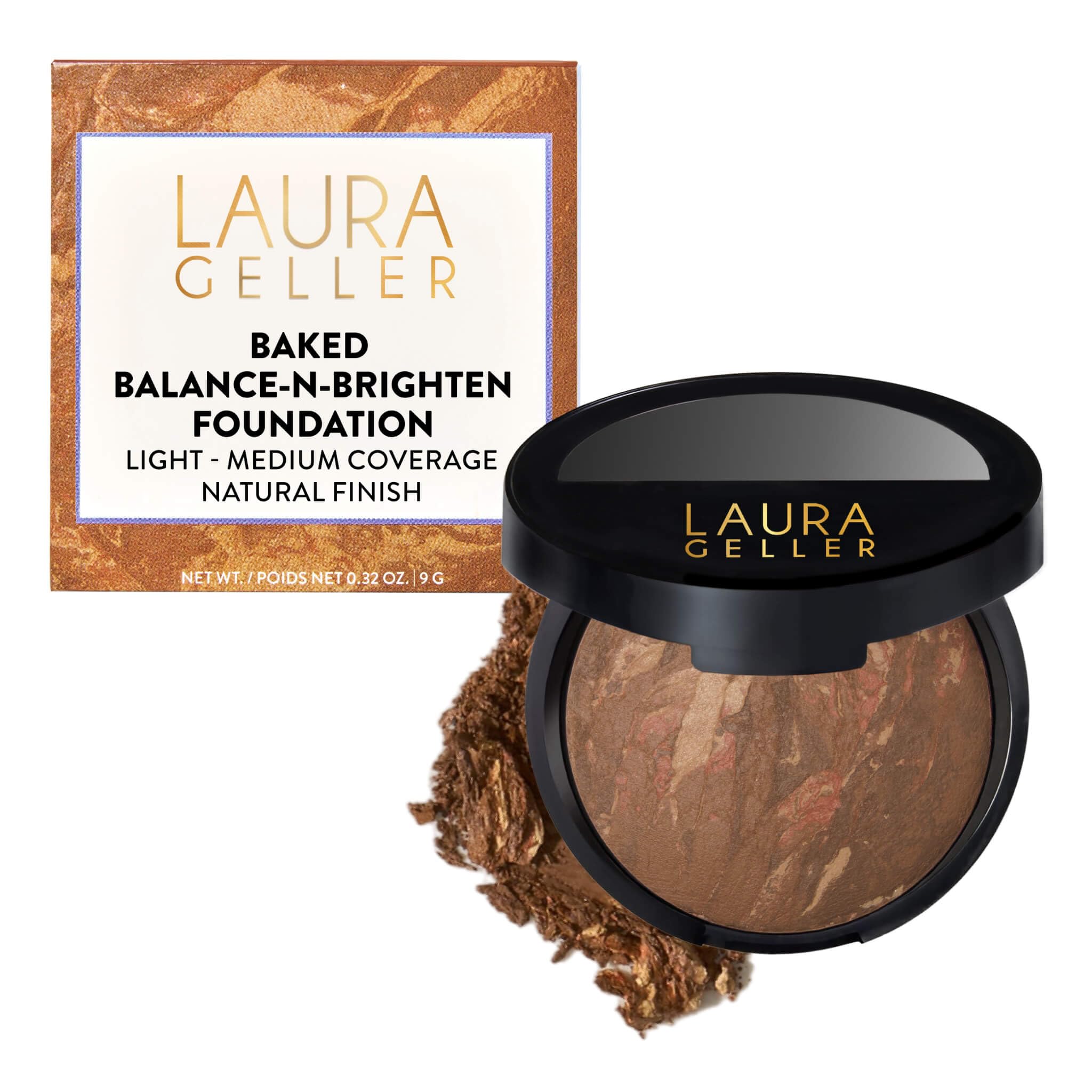 LAURA GELLER NEW YORK Award-Winning Baked Balance-n-Brighten Color Correcting Powder Foundation – Handmade in Italy – Buildable Coverage, Matte Finish – For Mature & Sensitive Skin – 09 Toffee