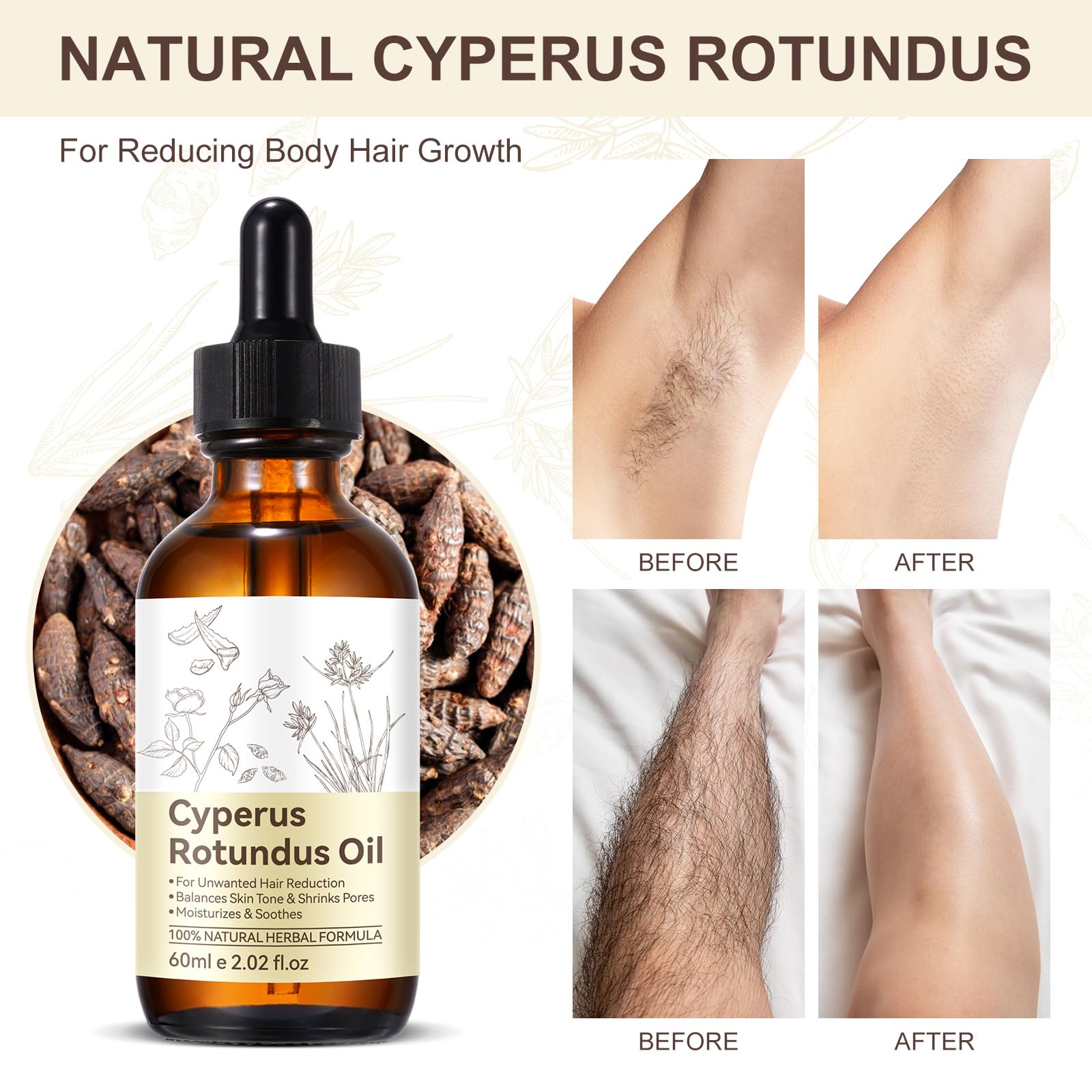 VXHDAG Cyperus Rotundus Oil for Hair Reduction – 100% Pure & Natural to Reduce Unwanted Body Hair, Balance Skin Tone, Shrink Pores, Moisturize & Soothe Skin – Safe for All Types (2.02 oz)