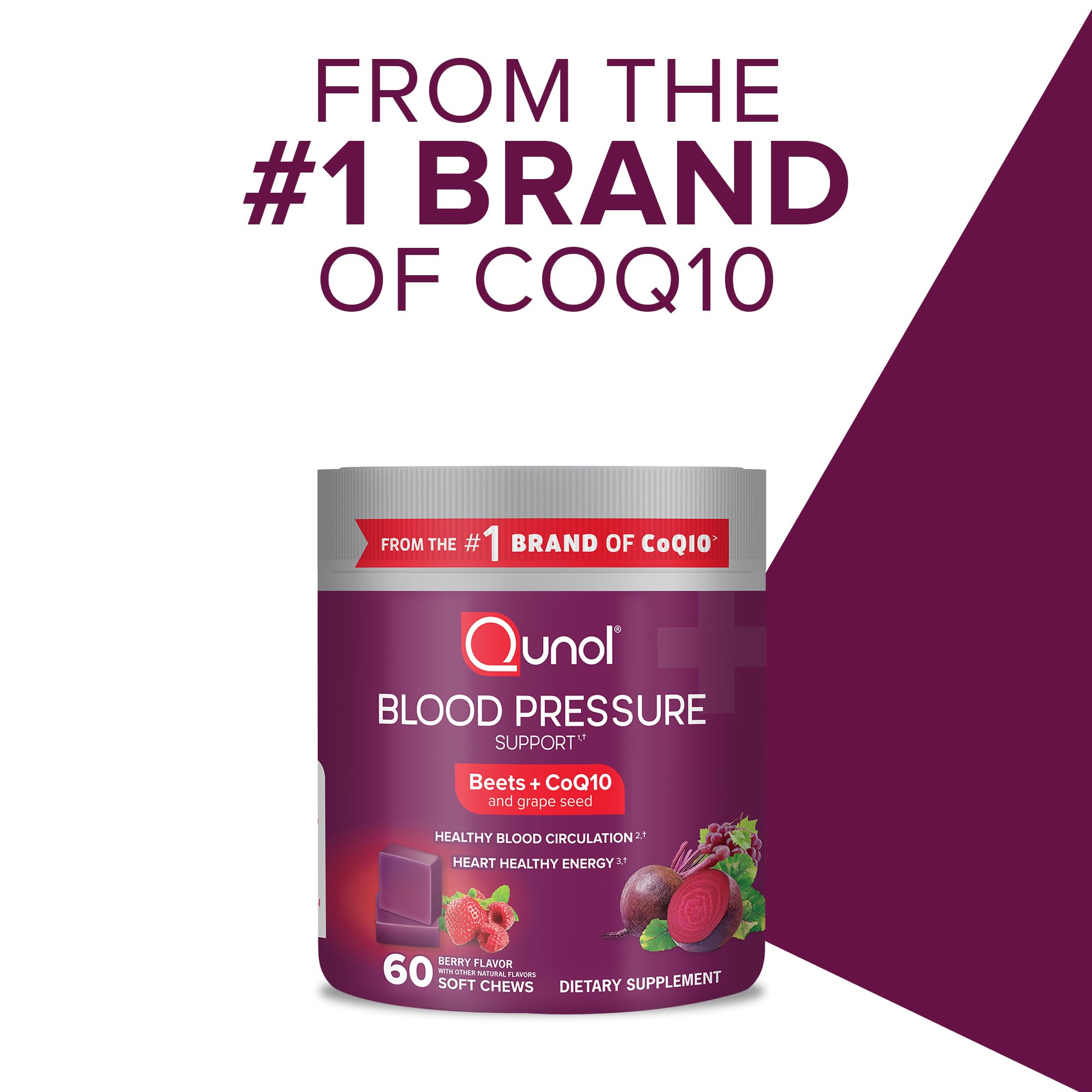Qunol Beets Chews for Blood Pressure Support, 3 in 1 Beets + CoQ10 + Grape Seed Extract
