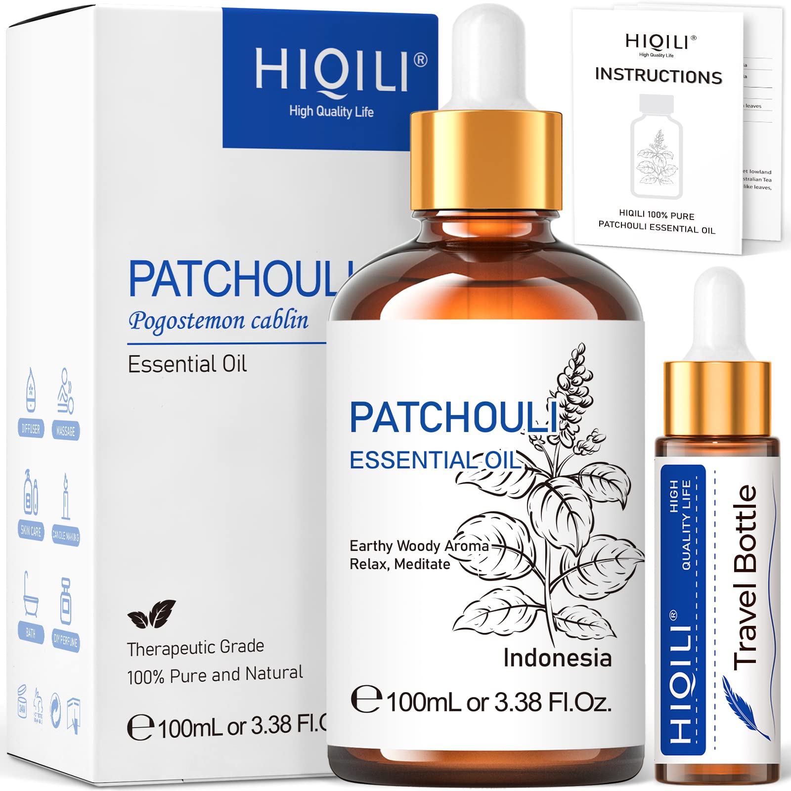 HIQILI Patchouli Essential Oil 100ML, Pure Natural, for Perfume Making, Diffuser and Skin 