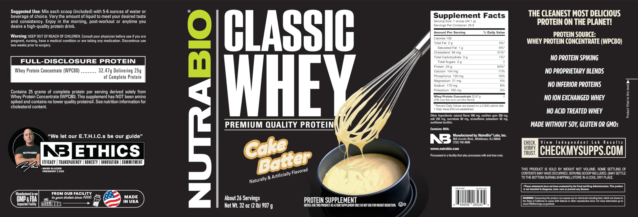 NutraBio Classic Whey Protein Powder- 25G Protein Per Scoop - Full-Spectrum Amino Acid Profile - No Fillers, Artificial Colors, Preservatives - Low Glycemic Index - (Cake Batter, 2 Pounds)