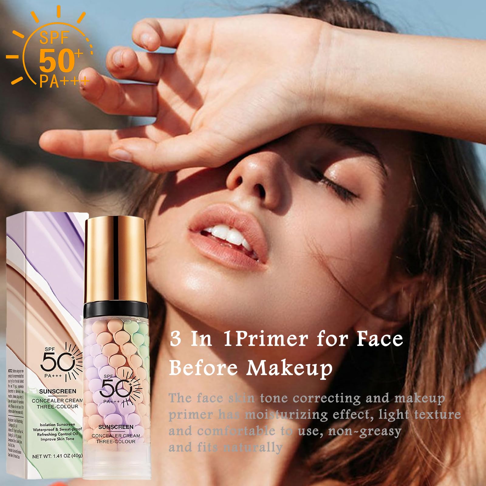 3 In 1 Primer for Face Before Makeup, SPF 50,Sunscreen Isolation Cream Face Tinted Moisturizer, One Step Color Corrector, Makeup Primer Oil Control & Concealer Skin Tone Correcting,Radiance Skin