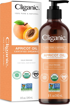 Cliganic Organic Apricot Oil, 100% Pure (8oz) - For Skin, Hair & Face | Natural Cold Pressed Unrefined