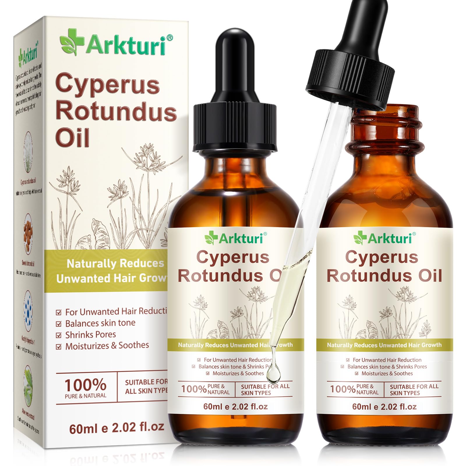 Cyperus Rotundus Oil, Cyperus Rotundus Oil for Hair Removal, Reduces Body Hair Growth, Soothes & Moisturizes Skin, Shrink Pores - Face, Bikini, Underarms, Hair Removal Oil for All Skin Types (2)