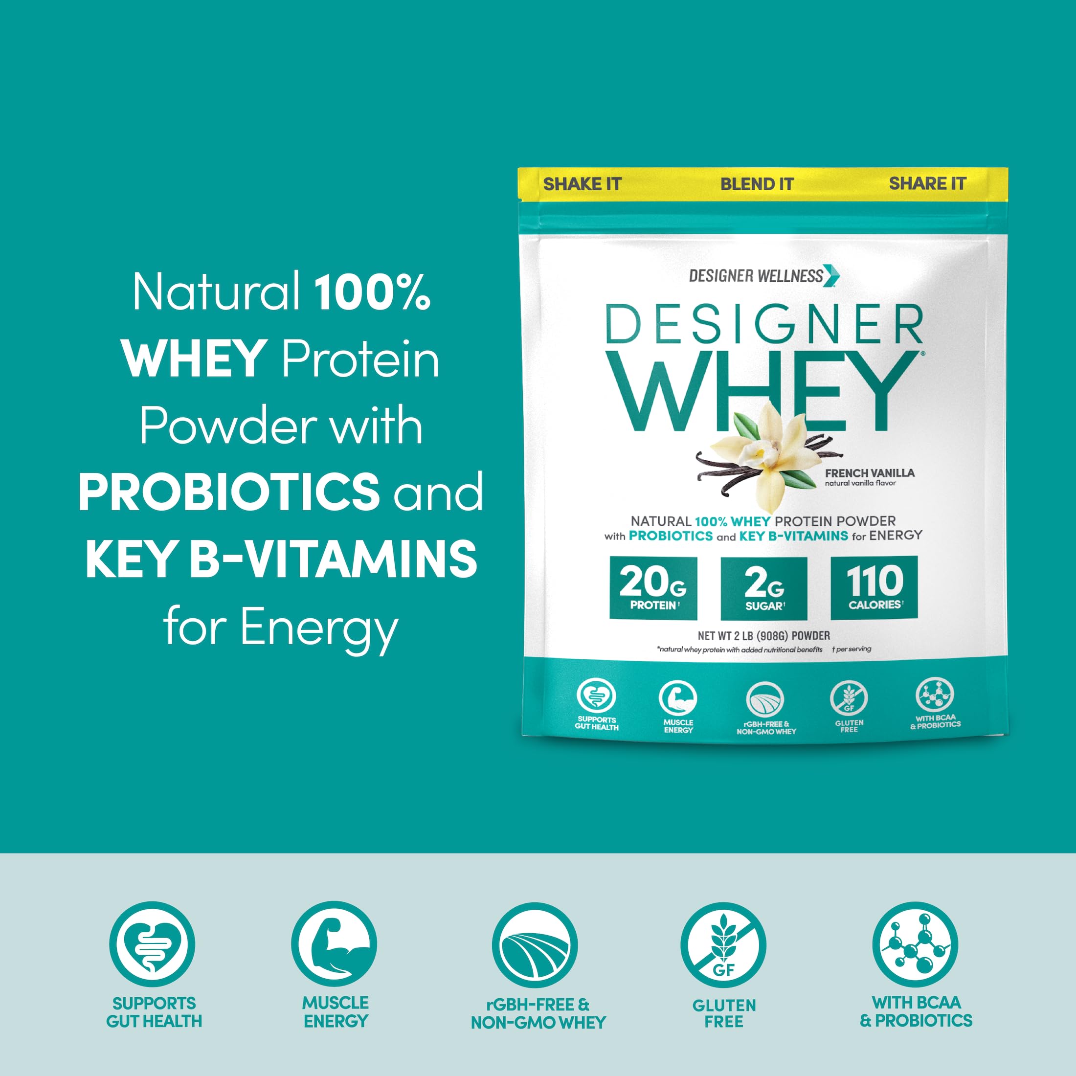 Designer Wellness, Designer Whey, Natural Whey Protein Powder with Probiotics, Fiber, and Key B-Vitamins for Energy, Gluten-Free, French Vanilla, 2 lb