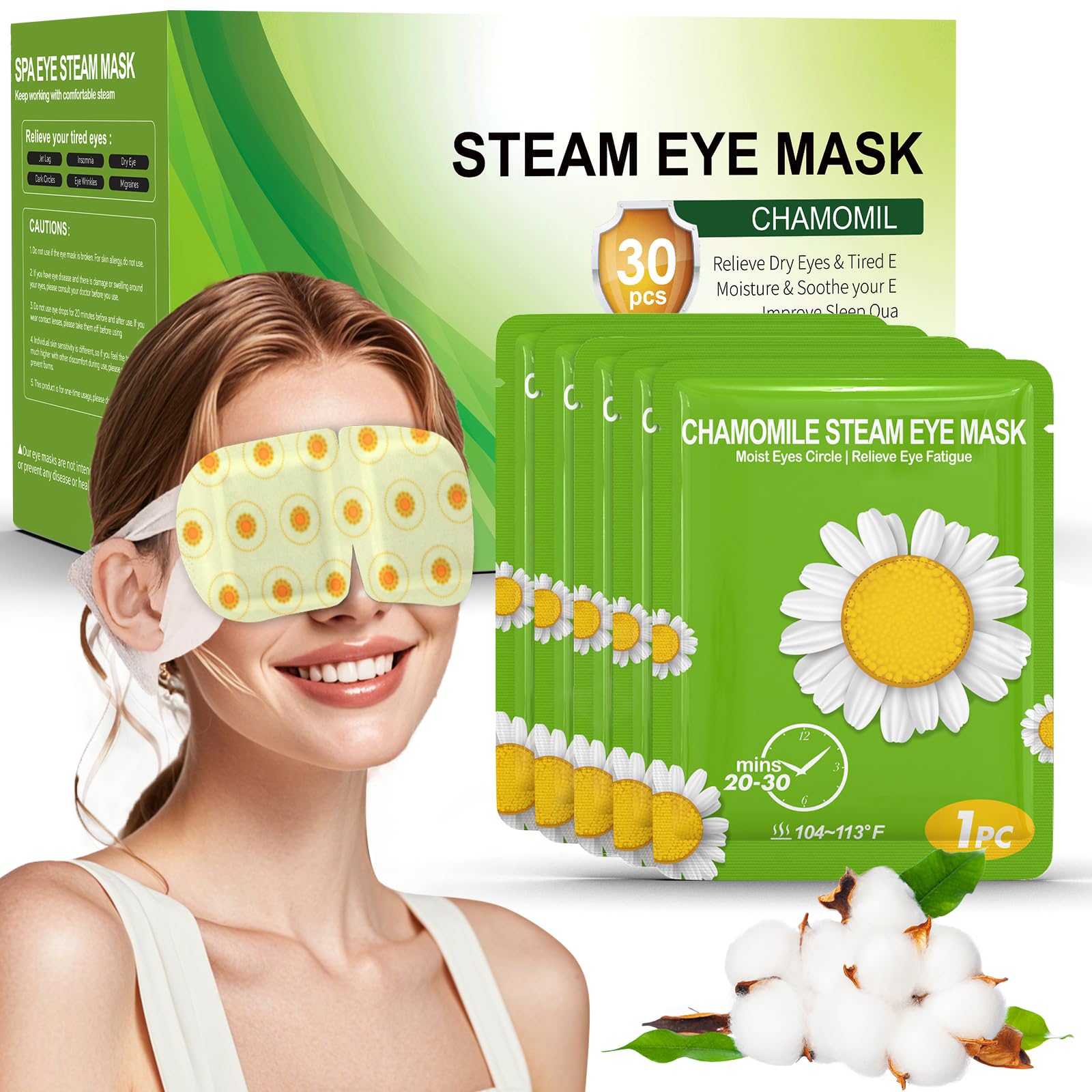 30 Packs Chamomile Steam Eye Masks - Self-Heating Warm Compress for Dry Eyes