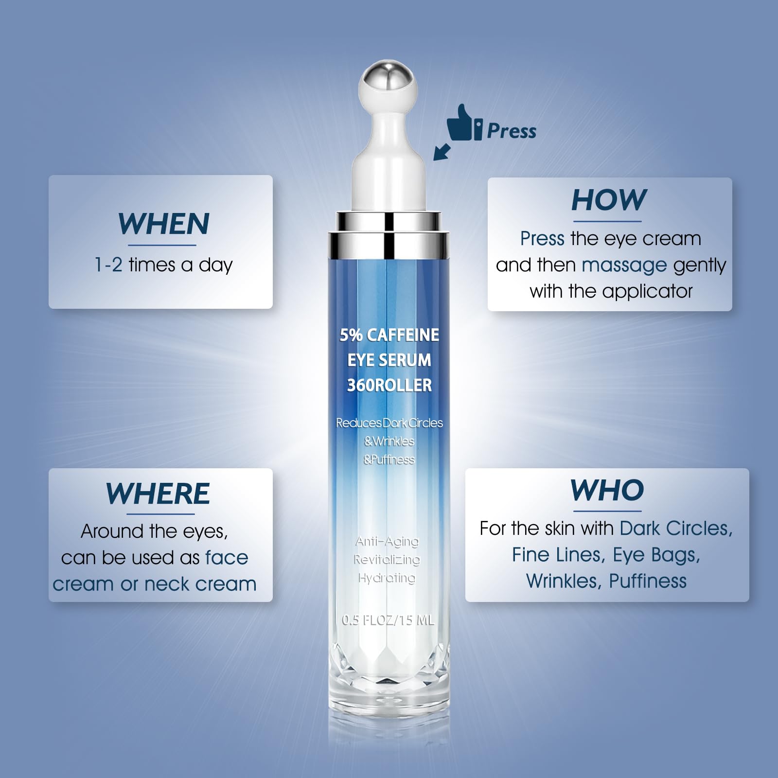 Caffeine & Retinol Eye Cream with 360° Massage Roller (15ml)