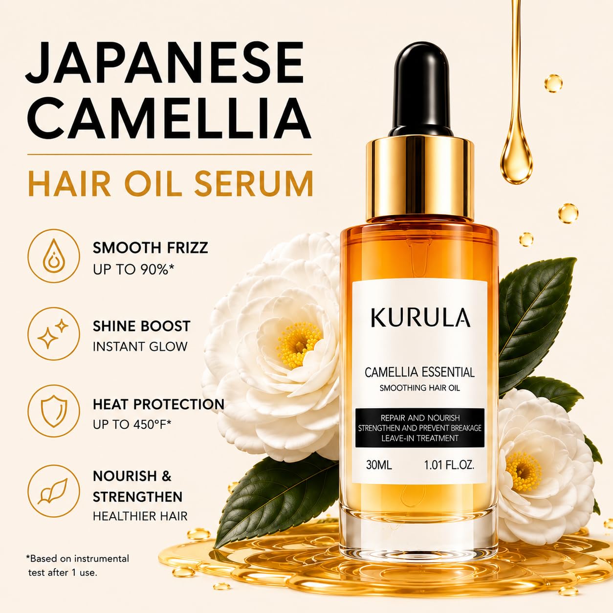 Kurula Japanese Camellia Hair Oil Serum for Dry & Frizzy Hair – Lightweight Hair Oil for Shine, Smoothness & Heat Protection – Non-Greasy Leave-In Treatment for All Hair Types, 30ml