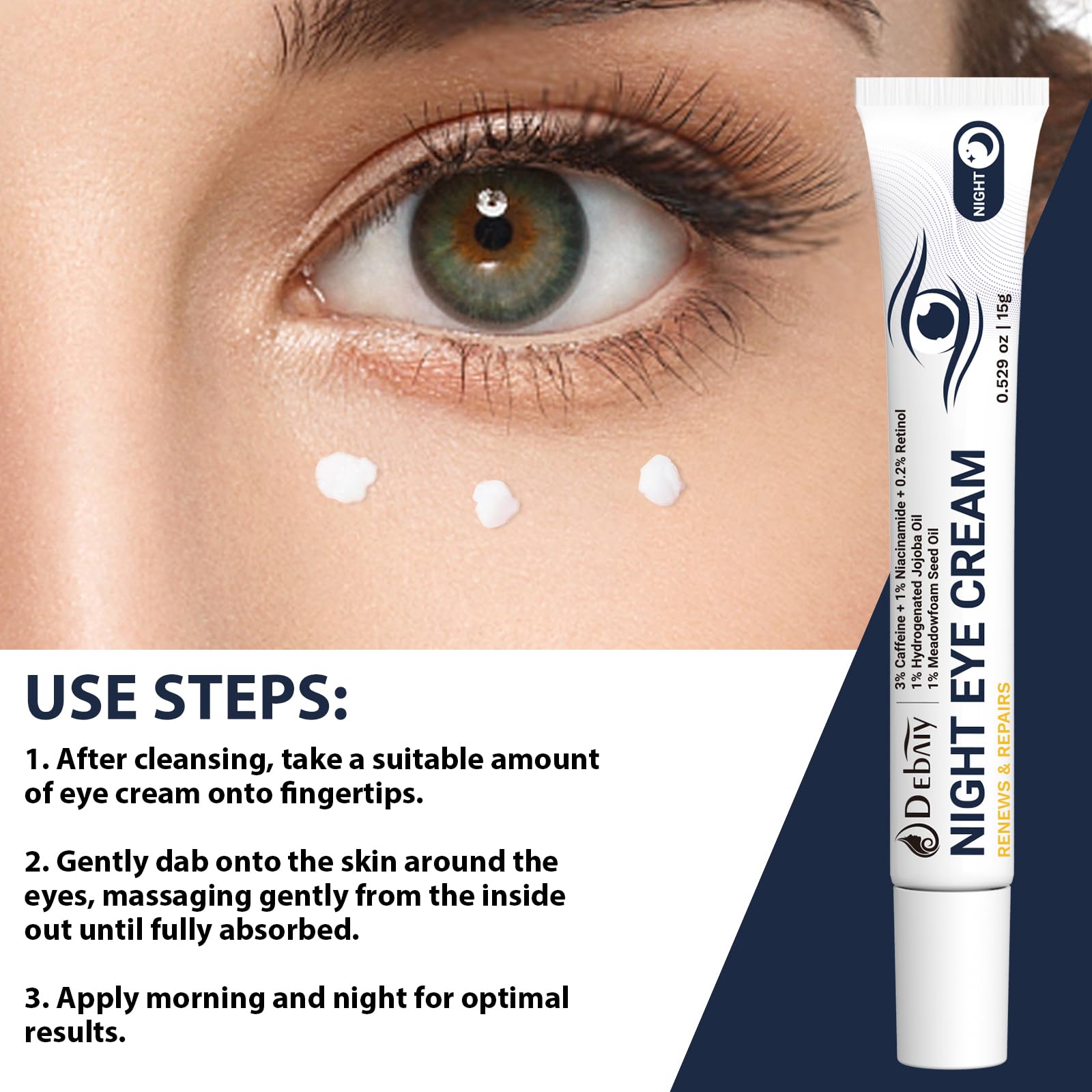 DEBAIY 3% Caffeine Eye Cream for Dark Circles & Puffiness – Anti-Aging Under Eye Treatment for Bags, Night Repair Eye Cream (3 Pack)