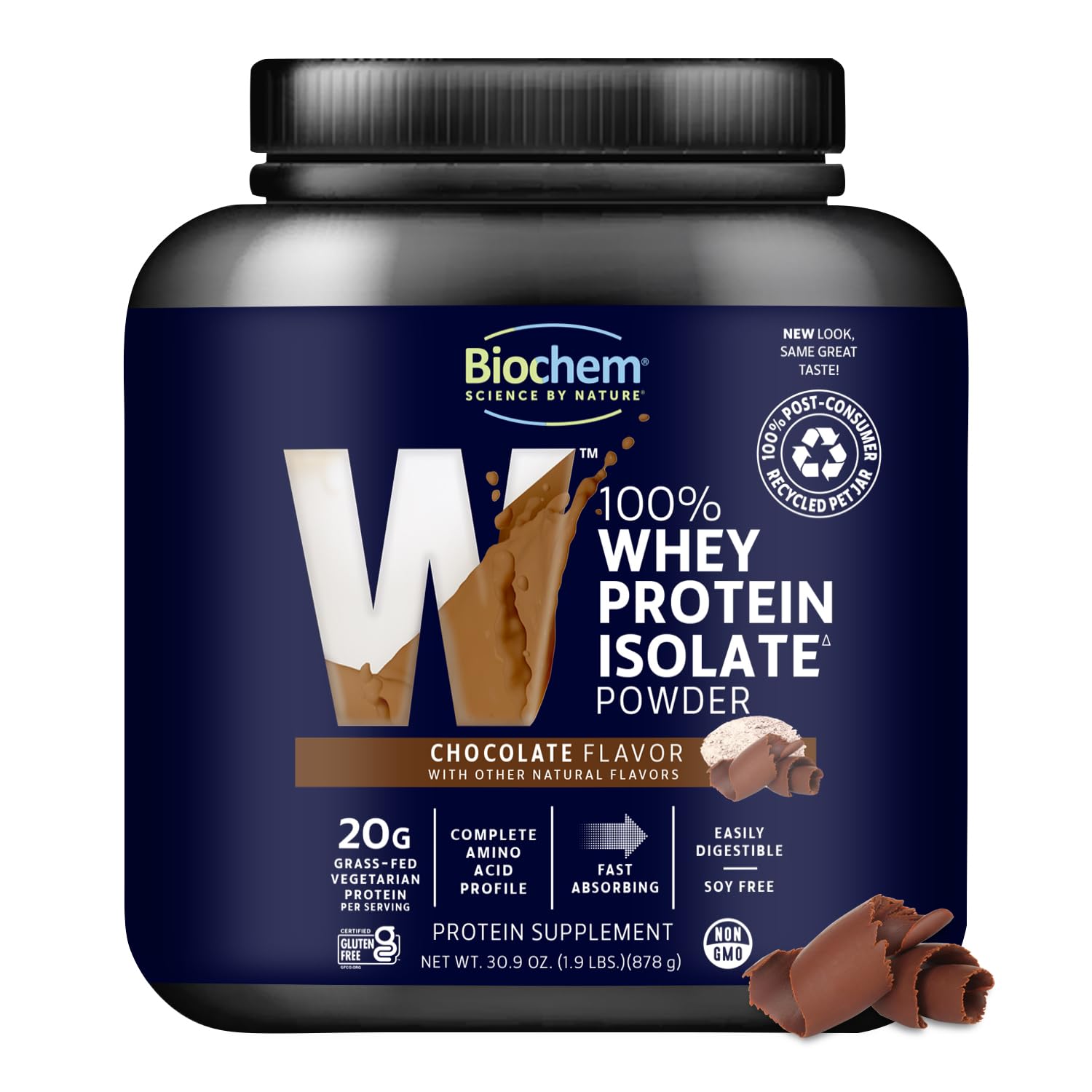Biochem 100% Whey Isolate Protein Powder, Chocolate Flavor, 20g Grass-Fed Protein, Keto Friendly, Gluten Free, Vegetarian, Easily Digestible, 30.9 oz, 28 Servings