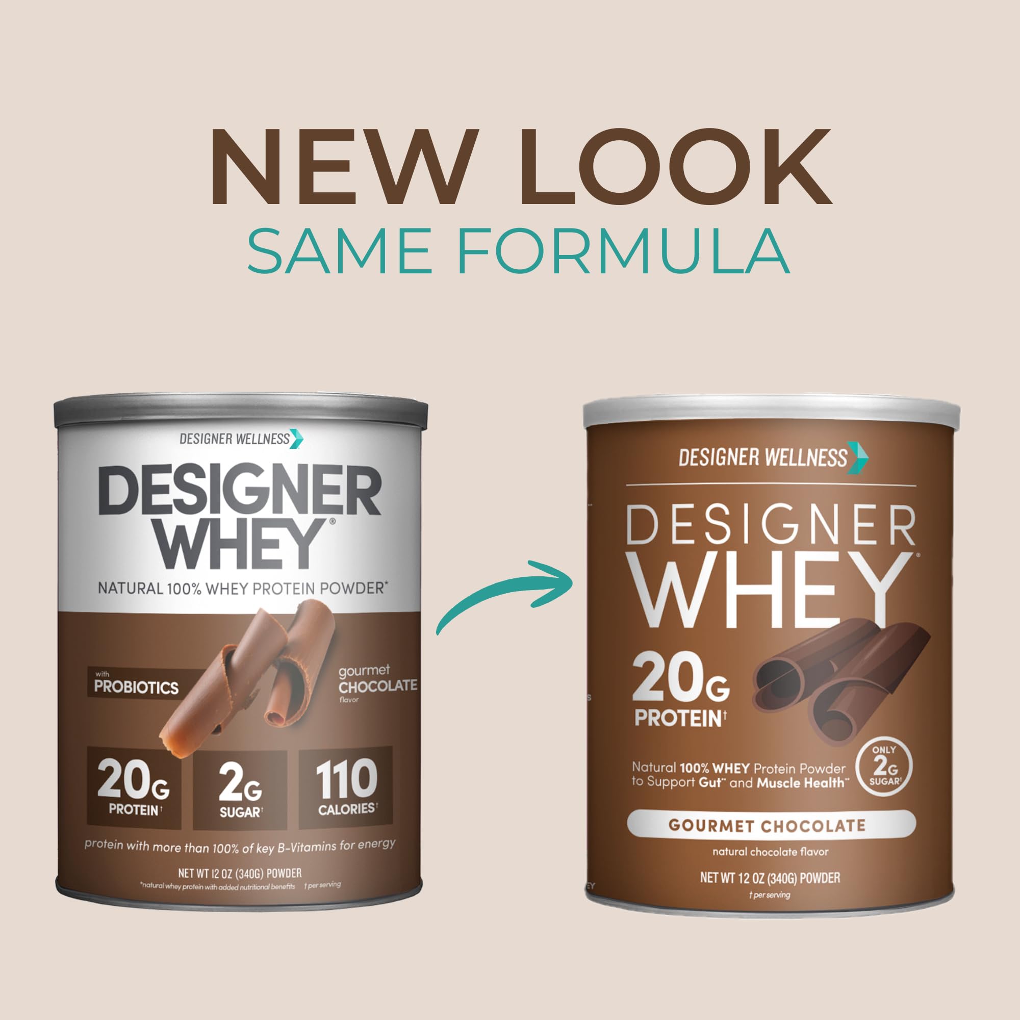 Designer Wellness, Designer Whey, Natural Whey Protein Powder with Probiotics, Fiber, and Key B-Vitamins for Energy, Gluten-Free, Gourmet Chocolate, 12oz