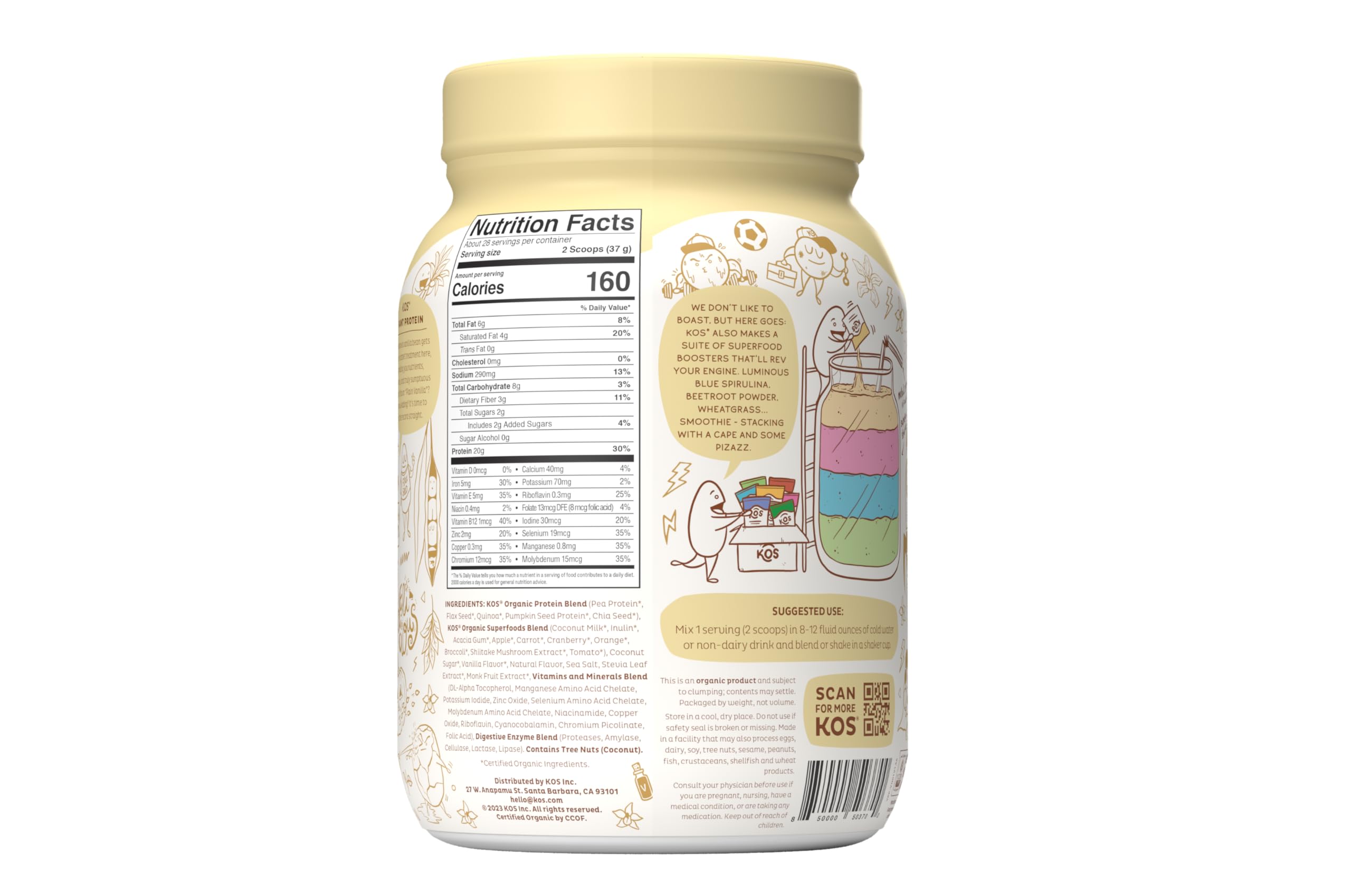 KOS Vegan Protein Powder Erythritol Free, Vanilla USDA Organic - Pea Protein Blend