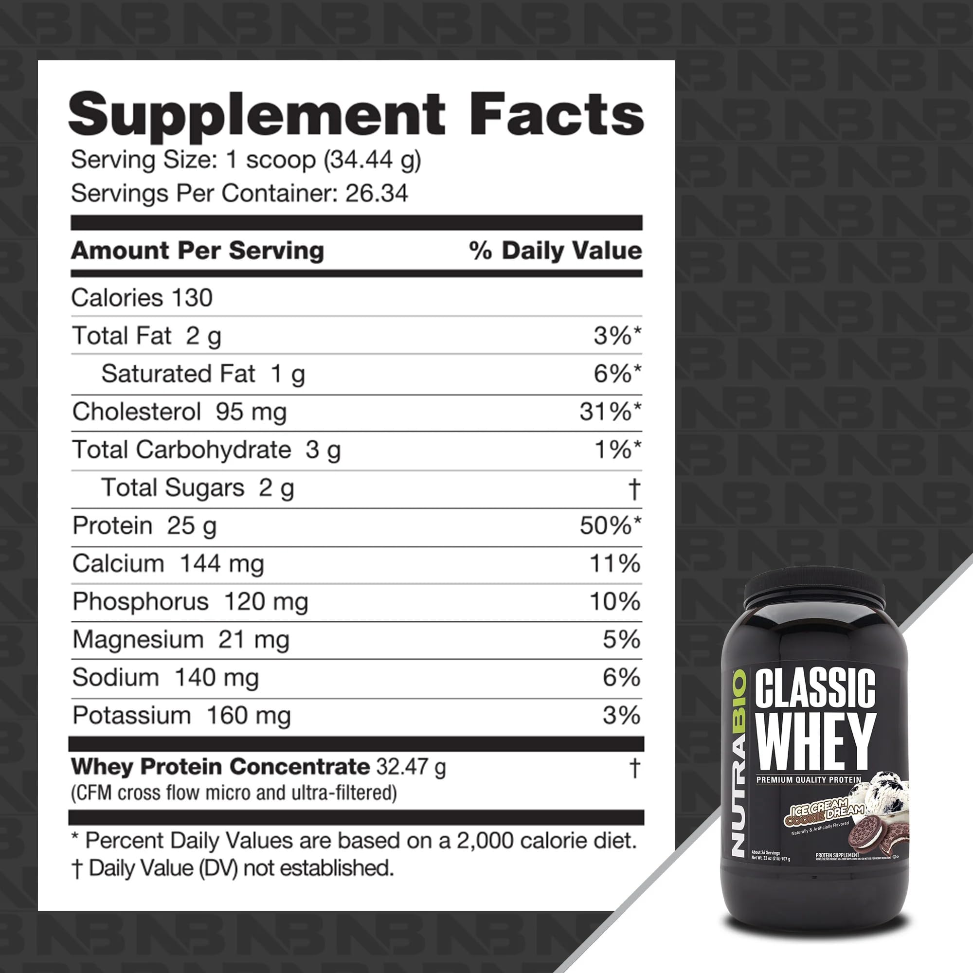 NutraBio Classic Whey Protein Powder- 25G Protein Per Scoop - Full-Spectrum Amino Acid Profile - No Fillers, Artificial Colors, Preservatives - Low Glycemic Index - (Ice Cream Cookie Dream, 2 Pounds)