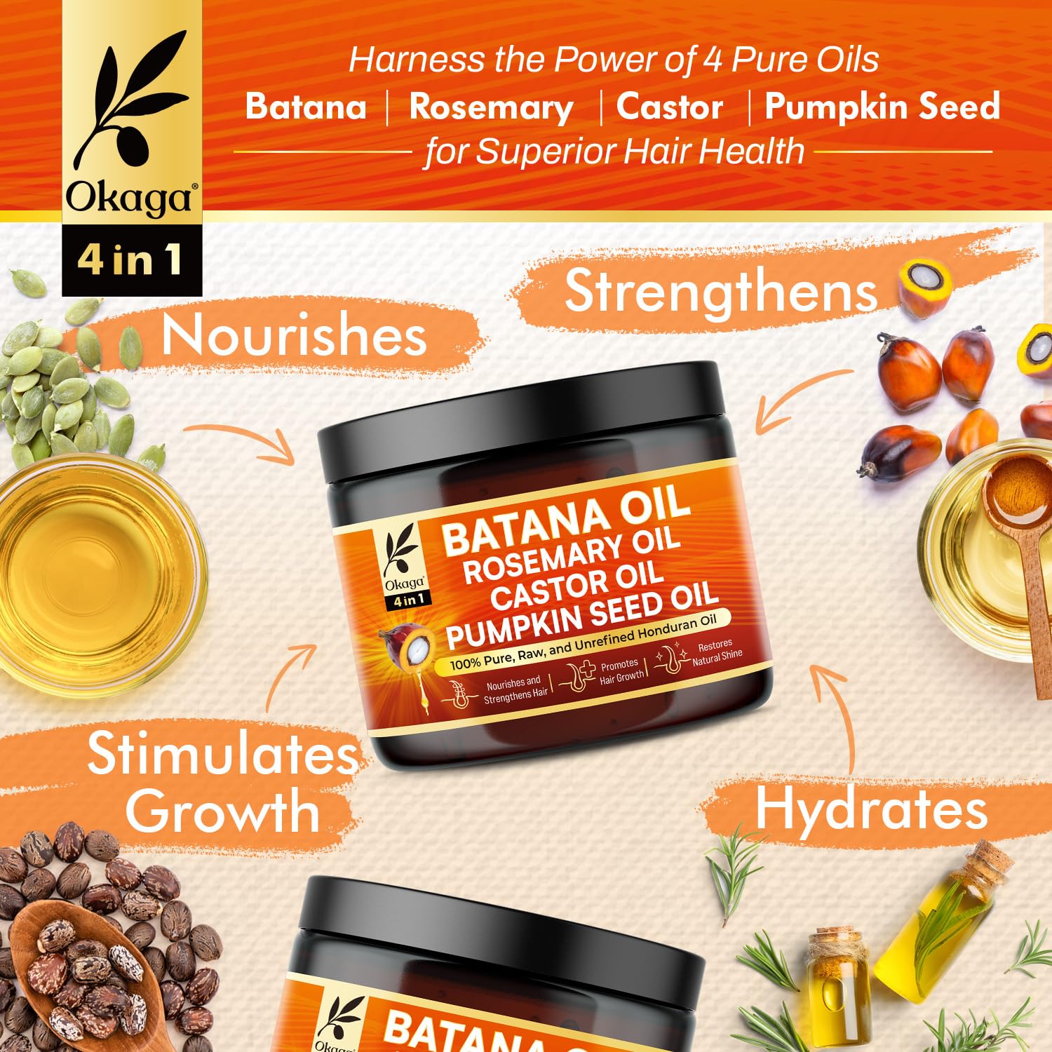 Batana Oil for Hair Growth, All-in-One Blend with Batana, Rosemary, Castor & Pumpkin Seed Oils, Pure & Unrefined, Softens, Smooths, Strengthens, Adds Shine, Clean Beauty for All Hair Types