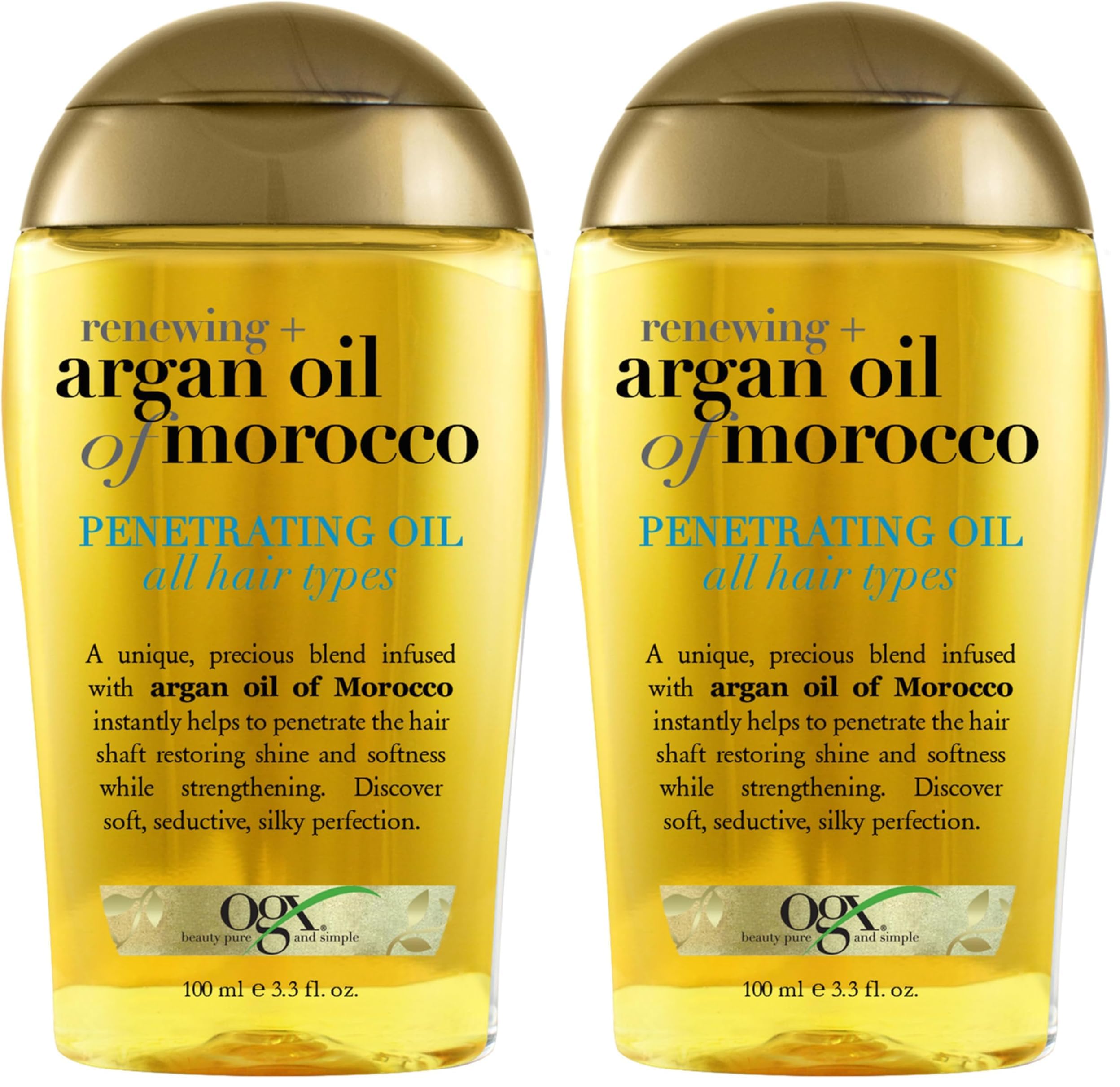 OGX Renewing + Argan Oil of Morocco,Cold-Pressed Argan Oil for Hair Penetrating Treatment & Shine,Moisturizing & Strengthening Silky-Oil for All Hair Types,Paraben-& Sulfate Free,3.3 fl oz,(Pack of 2)