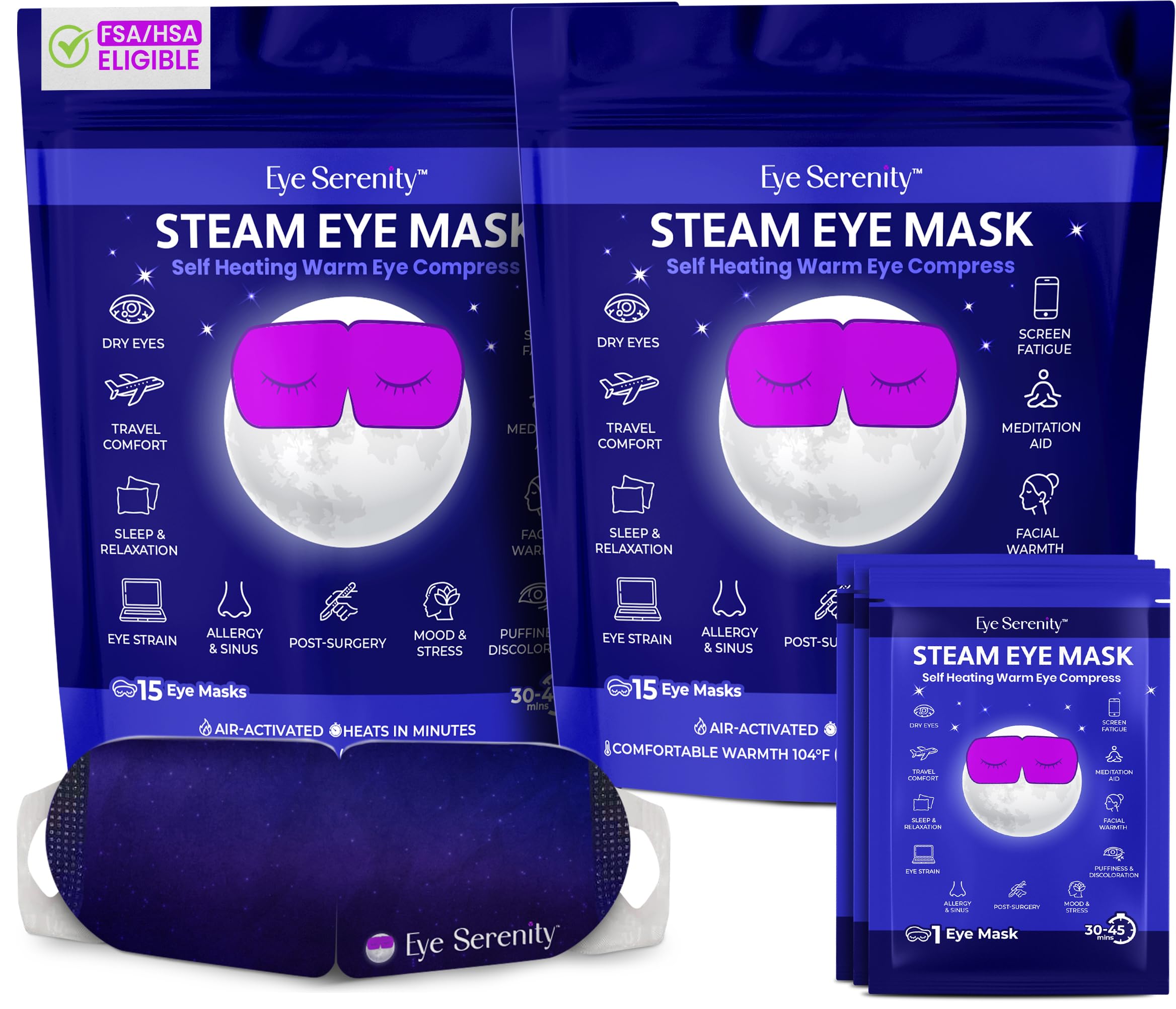 Eye Serenity Steam Eye Mask - Self-Heating Warm Compress for Dry Eye Relief - Unscented Disposable Eye Mask for Travel & Sleep (30 Pack)